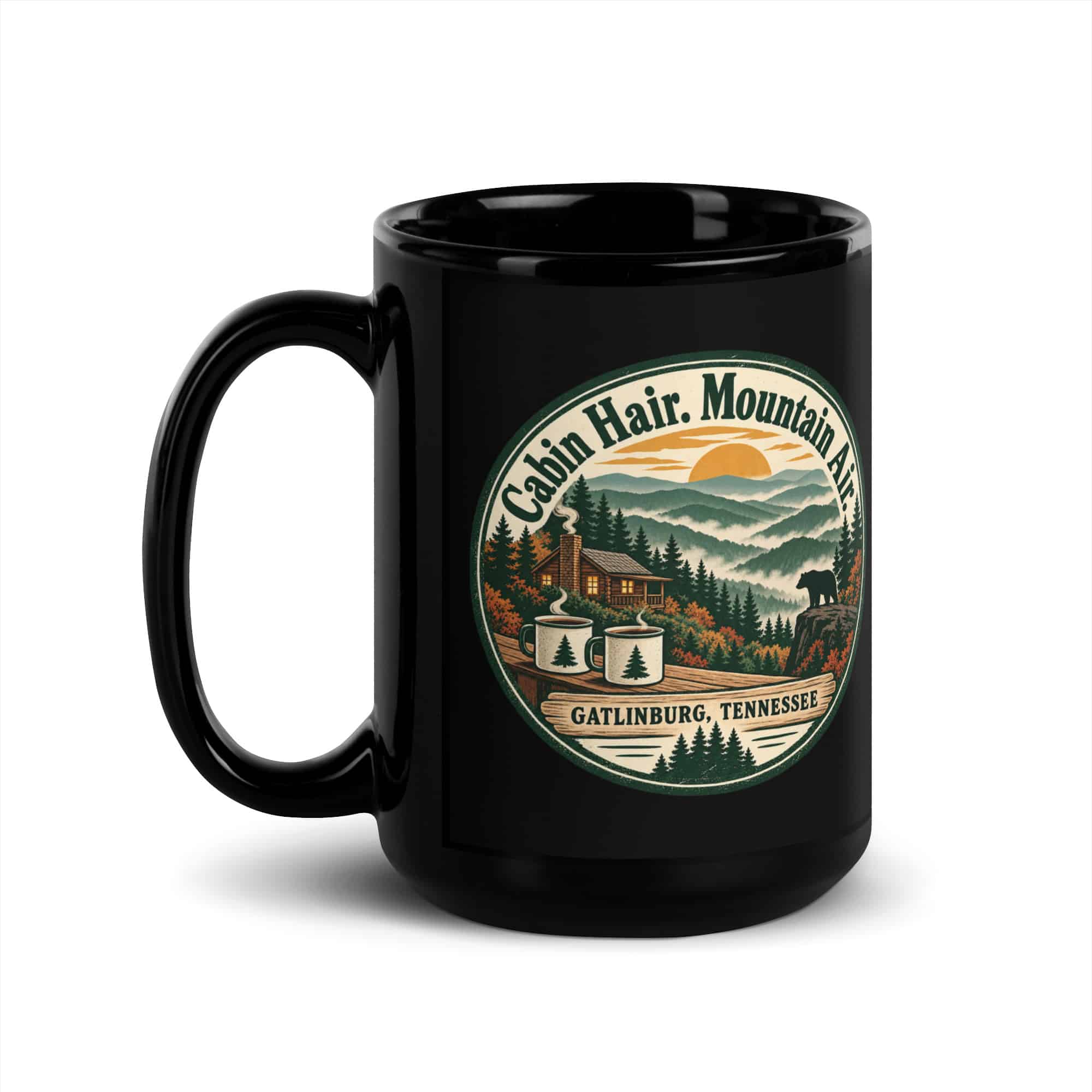 Gatlinburg and the Smokies Black Coffee Mug: Cabin Hair. Mountain Air, Vintage Round Badge