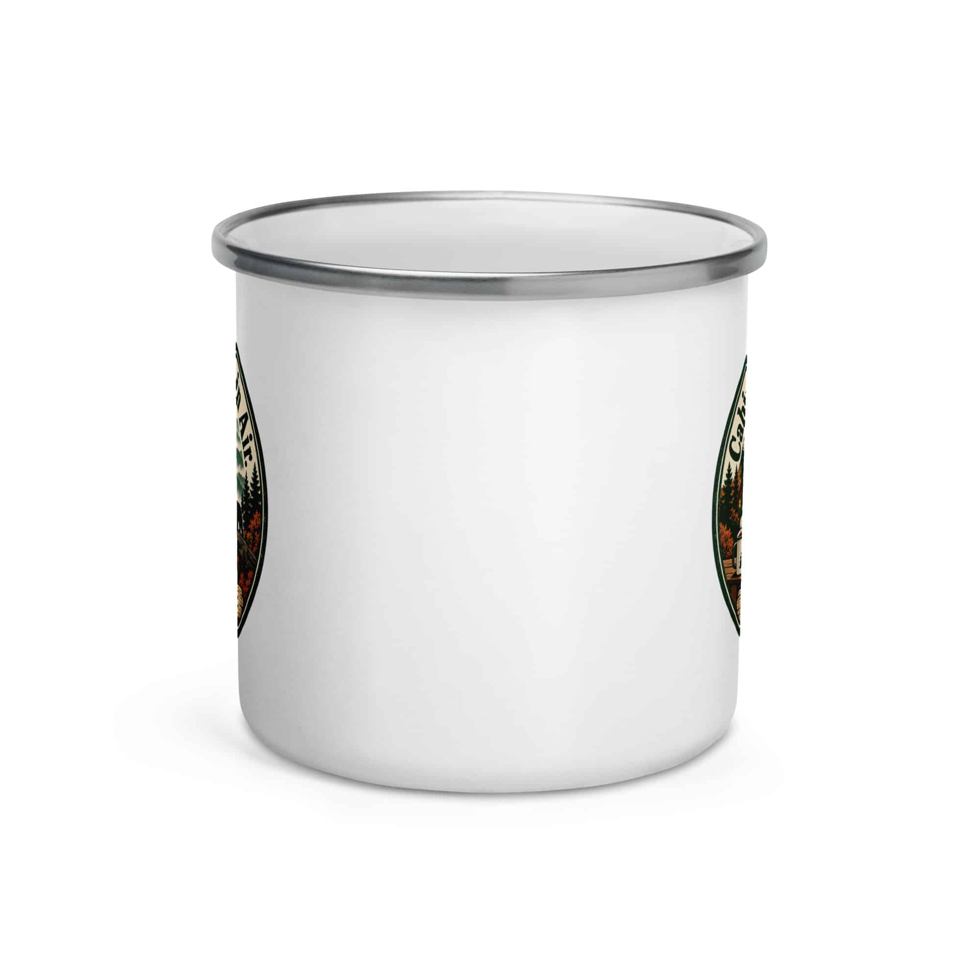 Gatlinburg and the Smokies Enamel Camp Mug: Cabin Hair. Mountain Air, Vintage Round Badge
