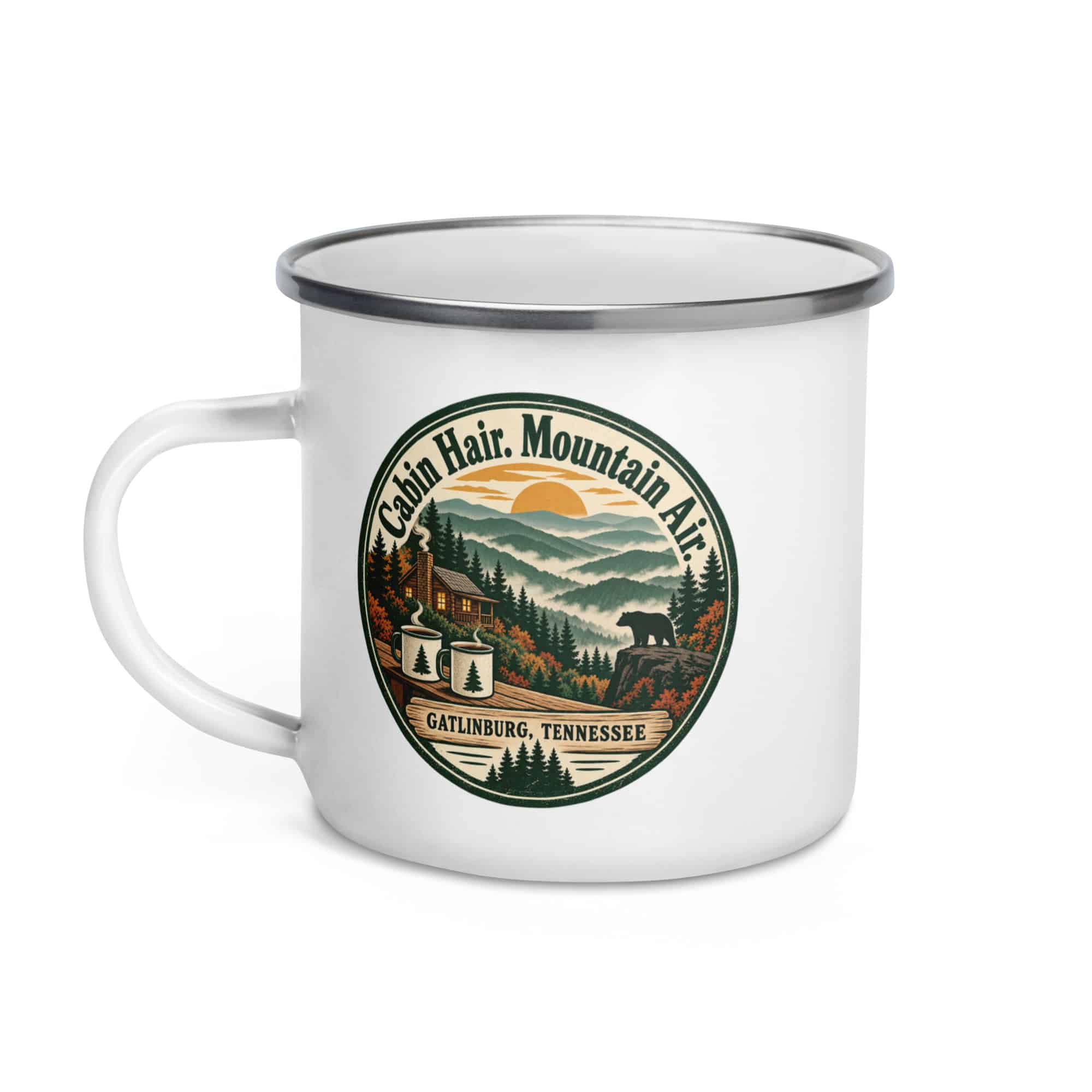 Gatlinburg and the Smokies Enamel Camp Mug: Cabin Hair. Mountain Air, Vintage Round Badge