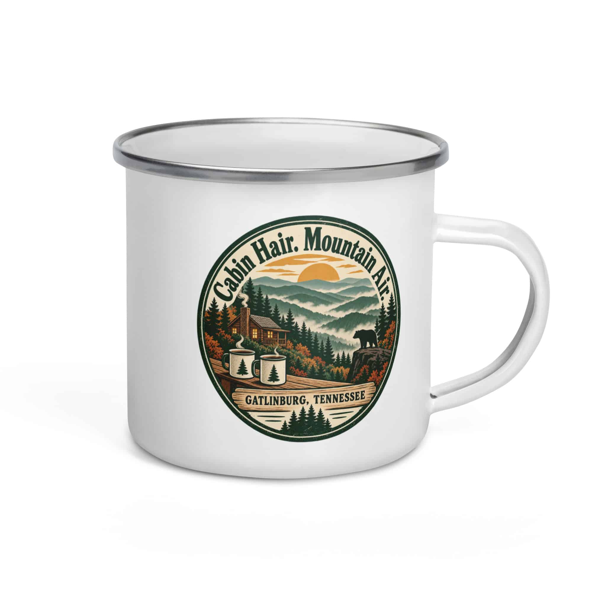Gatlinburg and the Smokies Enamel Camp Mug: Cabin Hair. Mountain Air, Vintage Round Badge