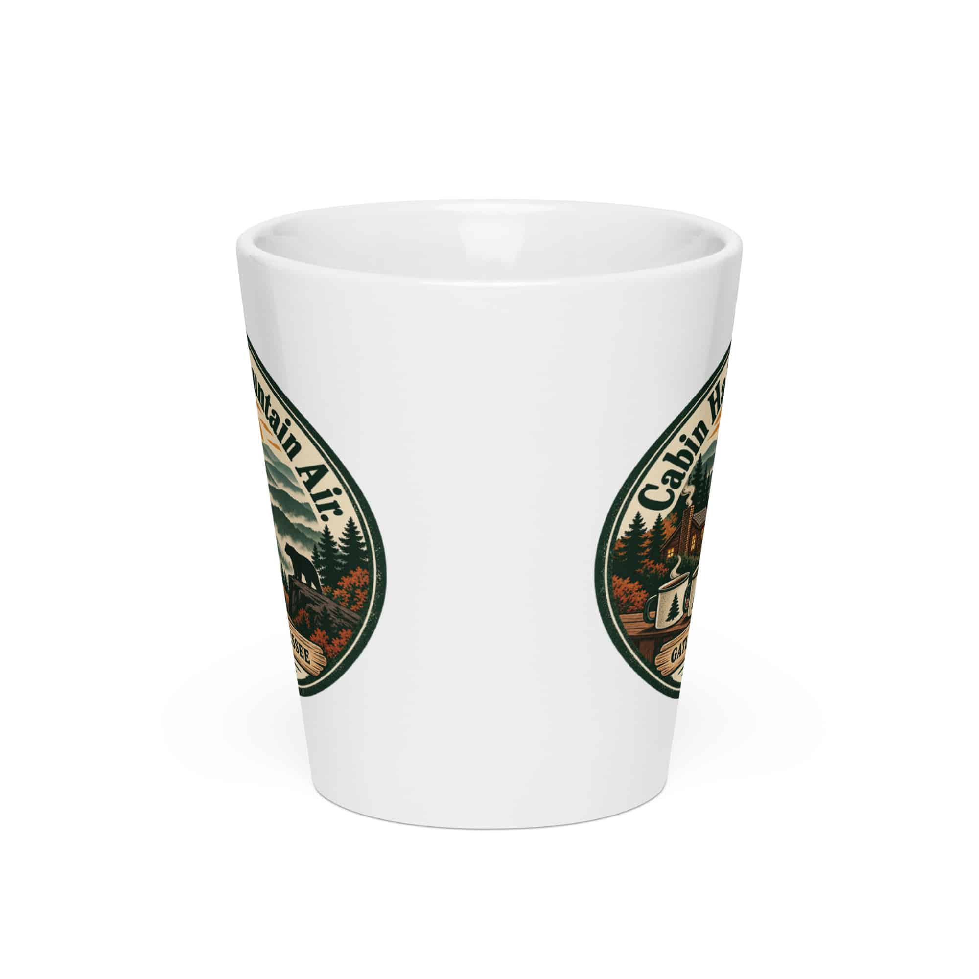 Gatlinburg and the Smokies Latte Mug: Cabin Hair. Mountain Air, Vintage Round Badge