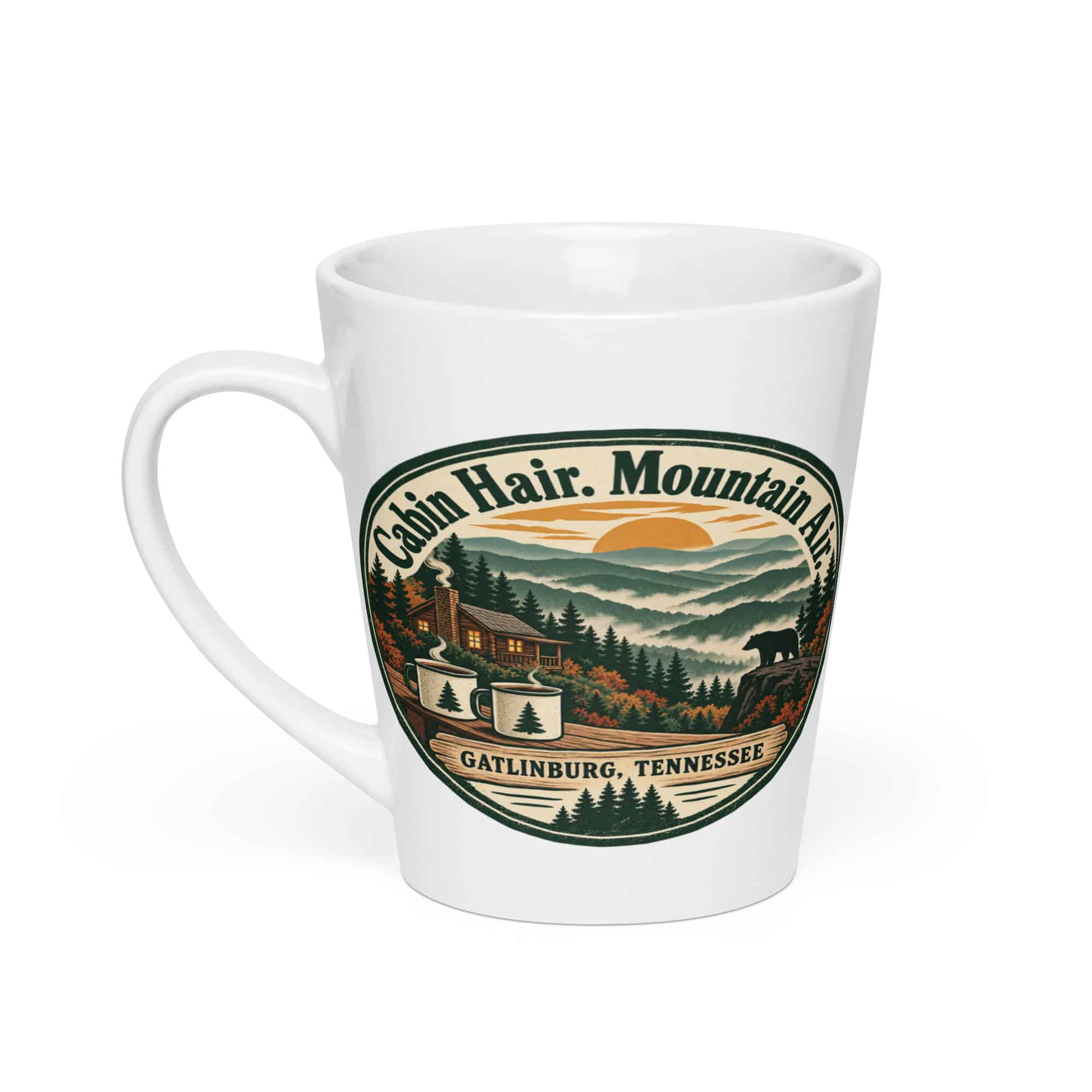 Gatlinburg and the Smokies Latte Mug: Cabin Hair. Mountain Air, Vintage Round Badge