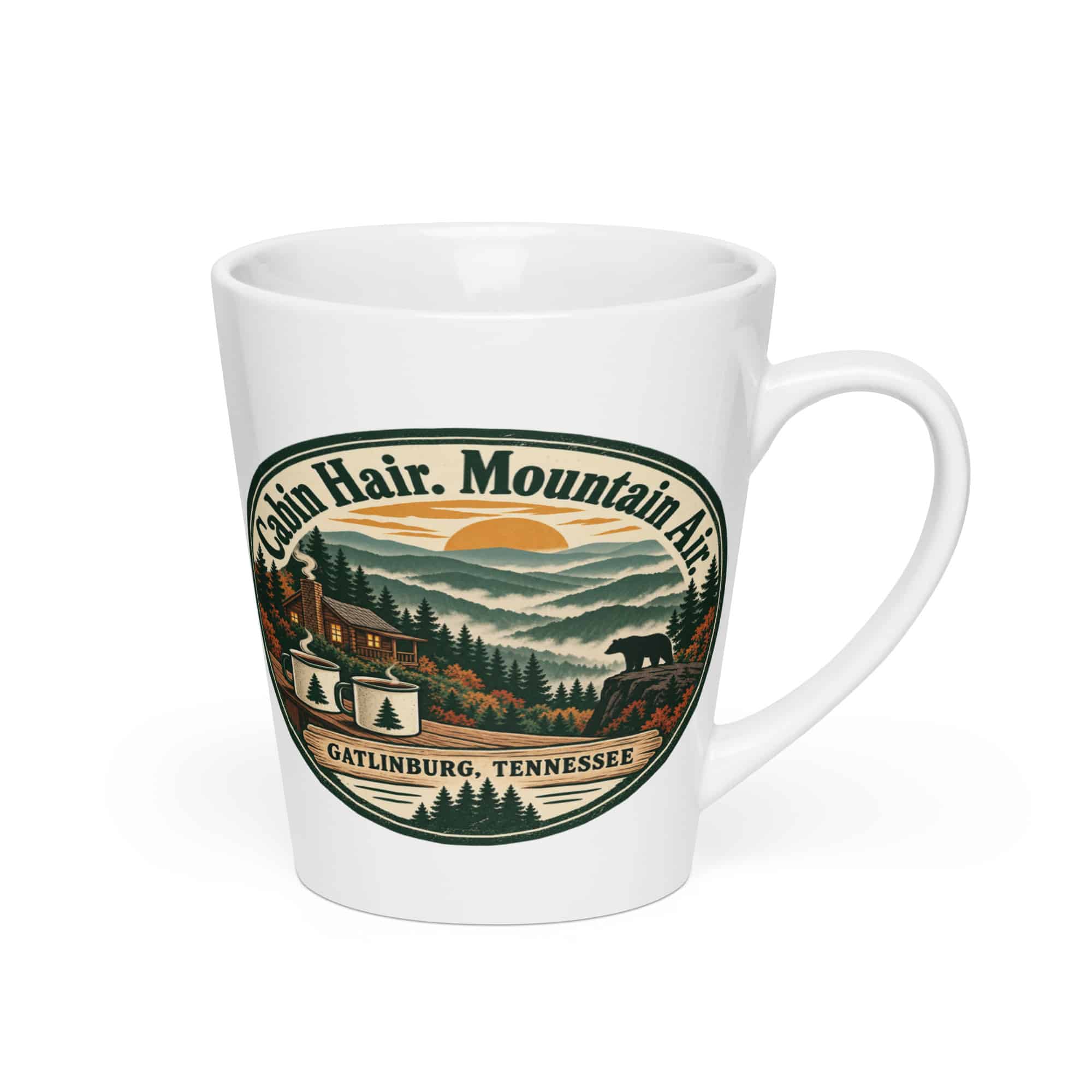 Gatlinburg and the Smokies Latte Mug: Cabin Hair. Mountain Air, Vintage Round Badge