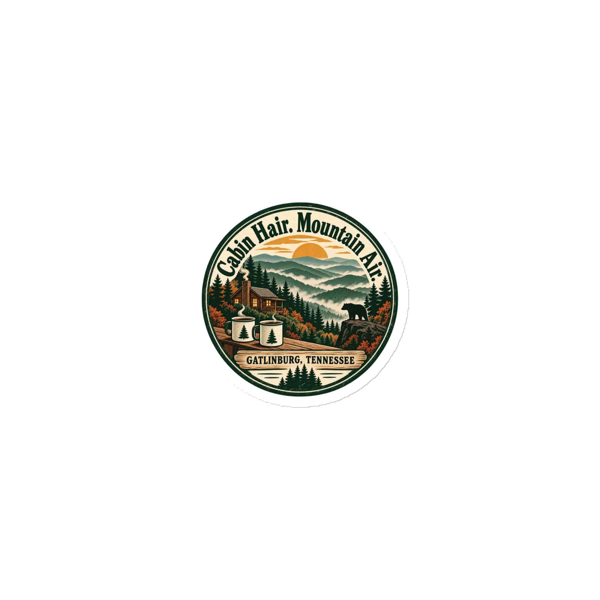 Gatlinburg and the Smokies Die-Cut Magnet: Cabin Hair. Mountain Air, Vintage Round Badge