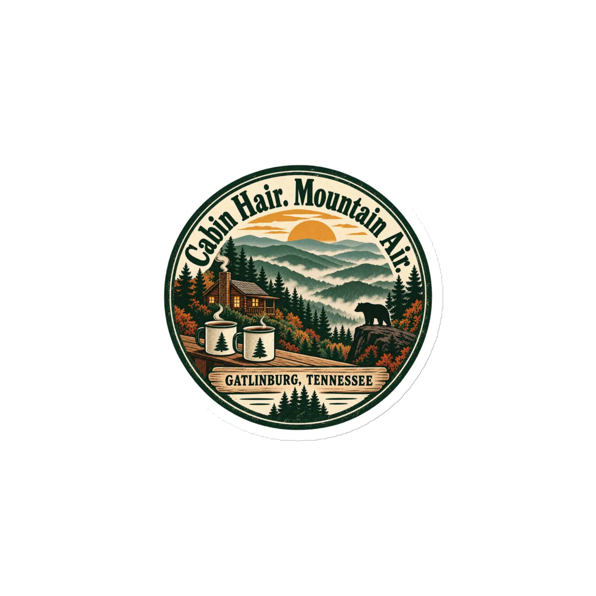 Gatlinburg and the Smokies Die-Cut Magnet: Cabin Hair. Mountain Air, Vintage Round Badge