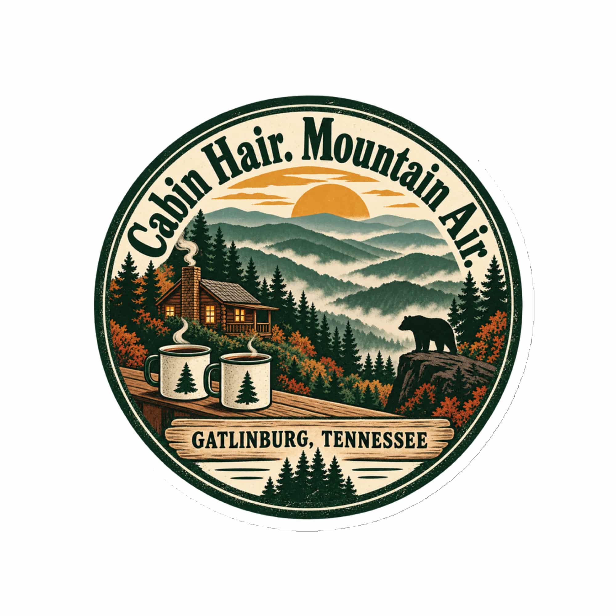 Gatlinburg and the Smokies Die-Cut Magnet: Cabin Hair. Mountain Air, Vintage Round Badge