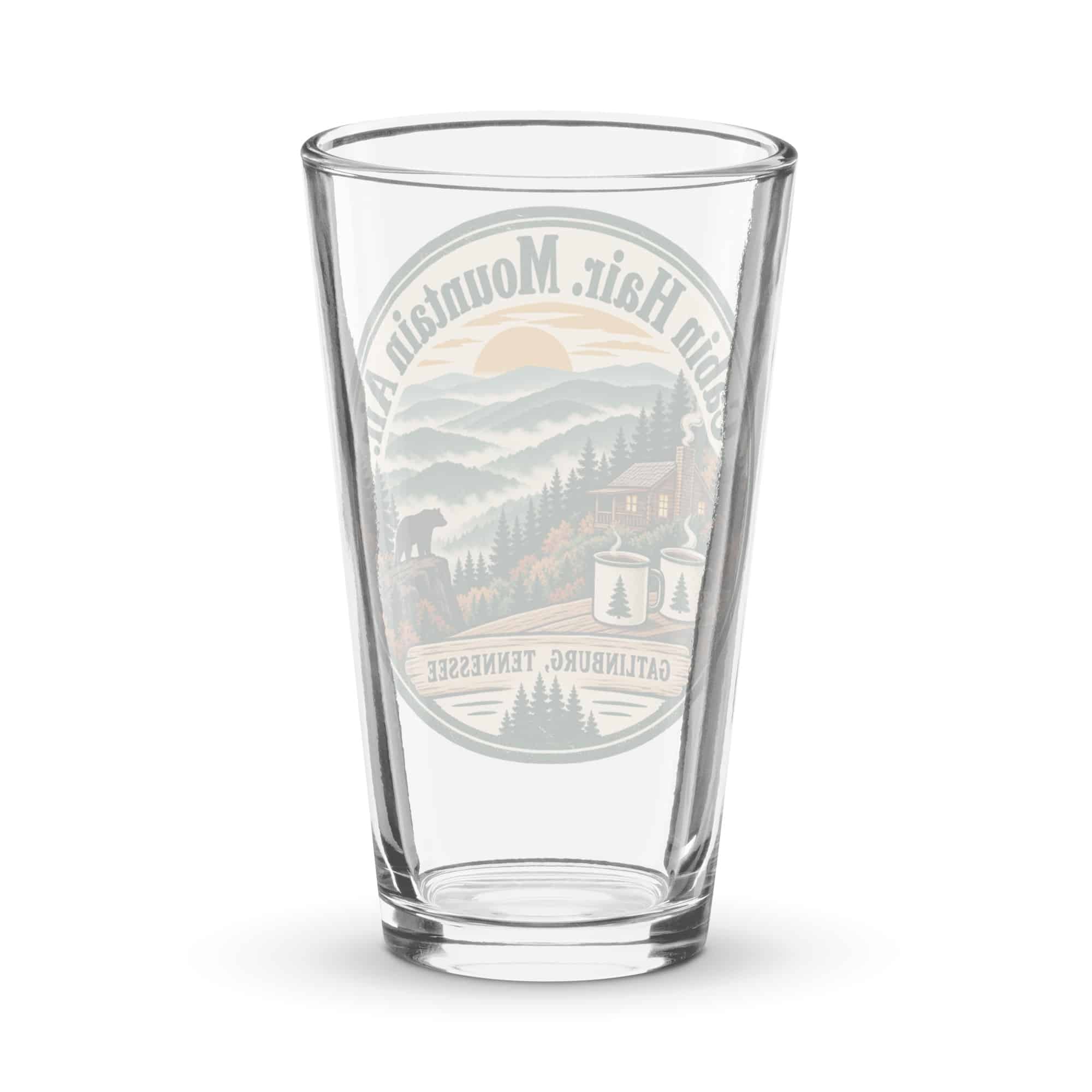 Gatlinburg and the Smokies Pint Glass: Cabin Hair. Mountain Air, Vintage Round Badge