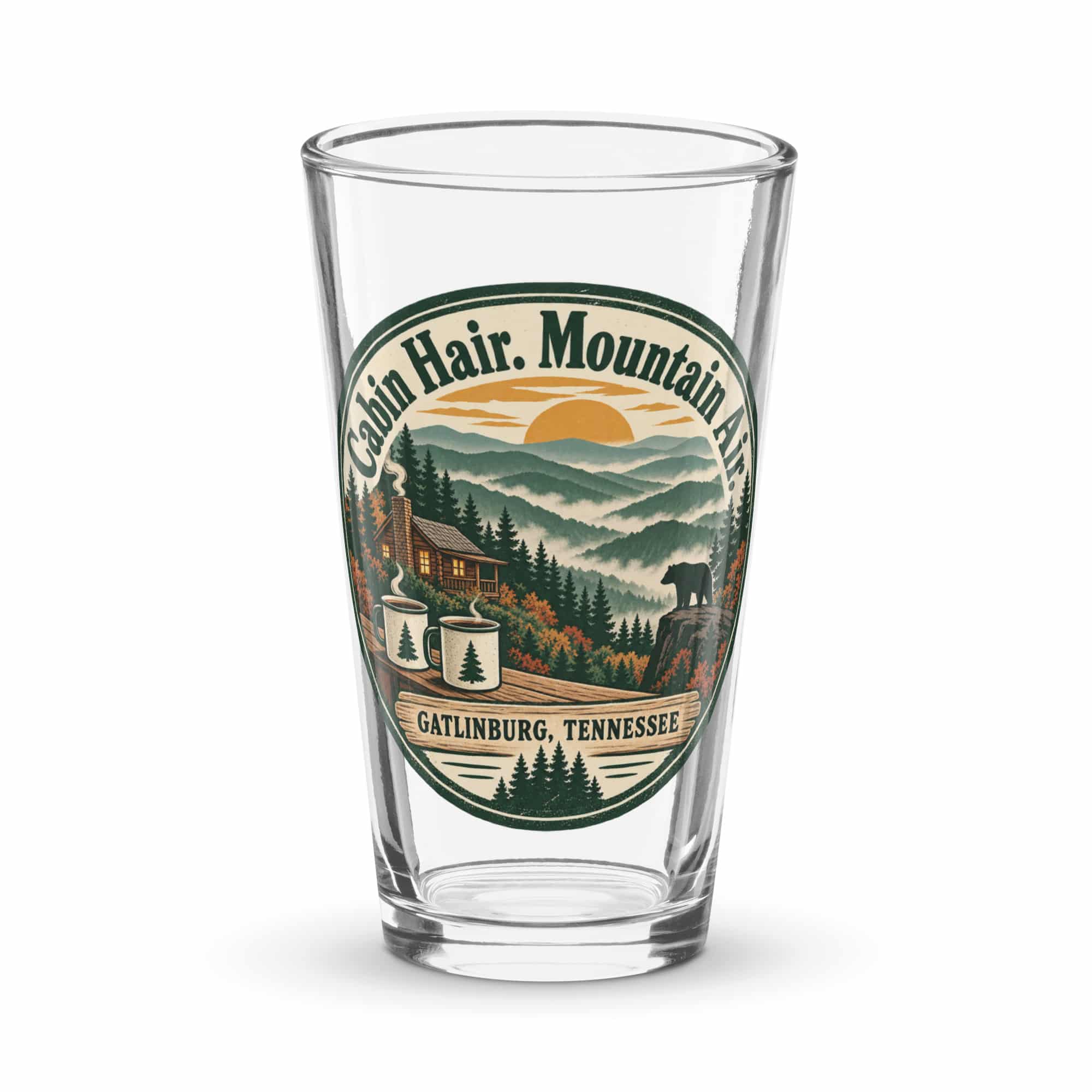 Gatlinburg and the Smokies Pint Glass: Cabin Hair. Mountain Air, Vintage Round Badge