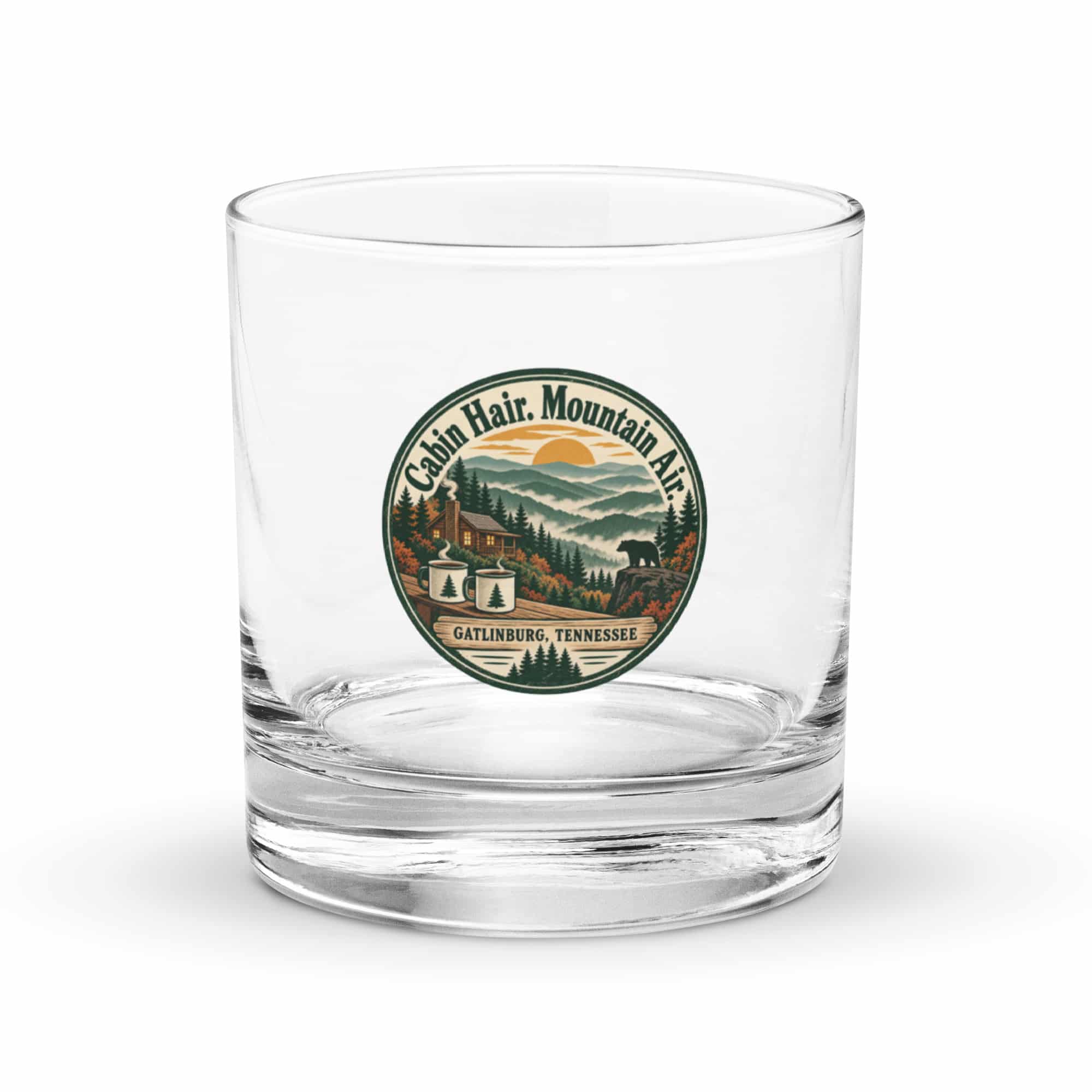 Gatlinburg and the Smokies Rocks Glass: Cabin Hair. Mountain Air, Vintage Round Badge