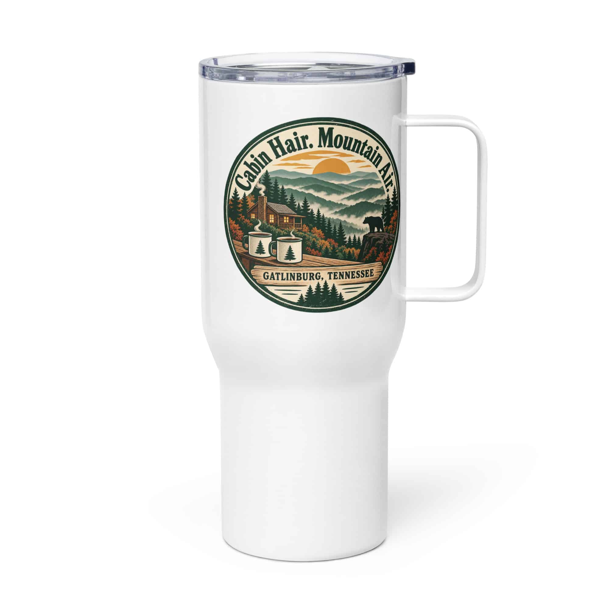 Gatlinburg and the Smokies Travel Mug: Cabin Hair. Mountain Air, Vintage Round Badge