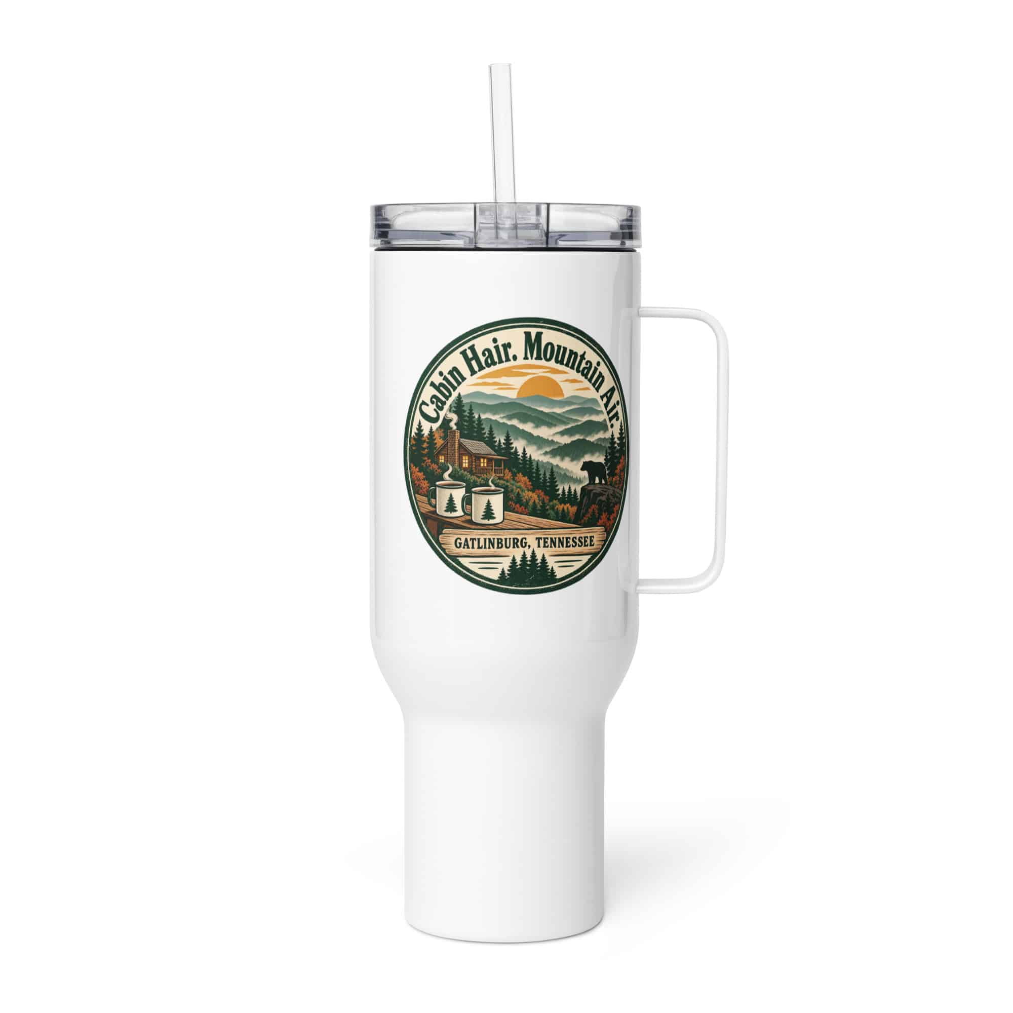 Gatlinburg and the Smokies Travel Mug: Cabin Hair. Mountain Air, Vintage Round Badge