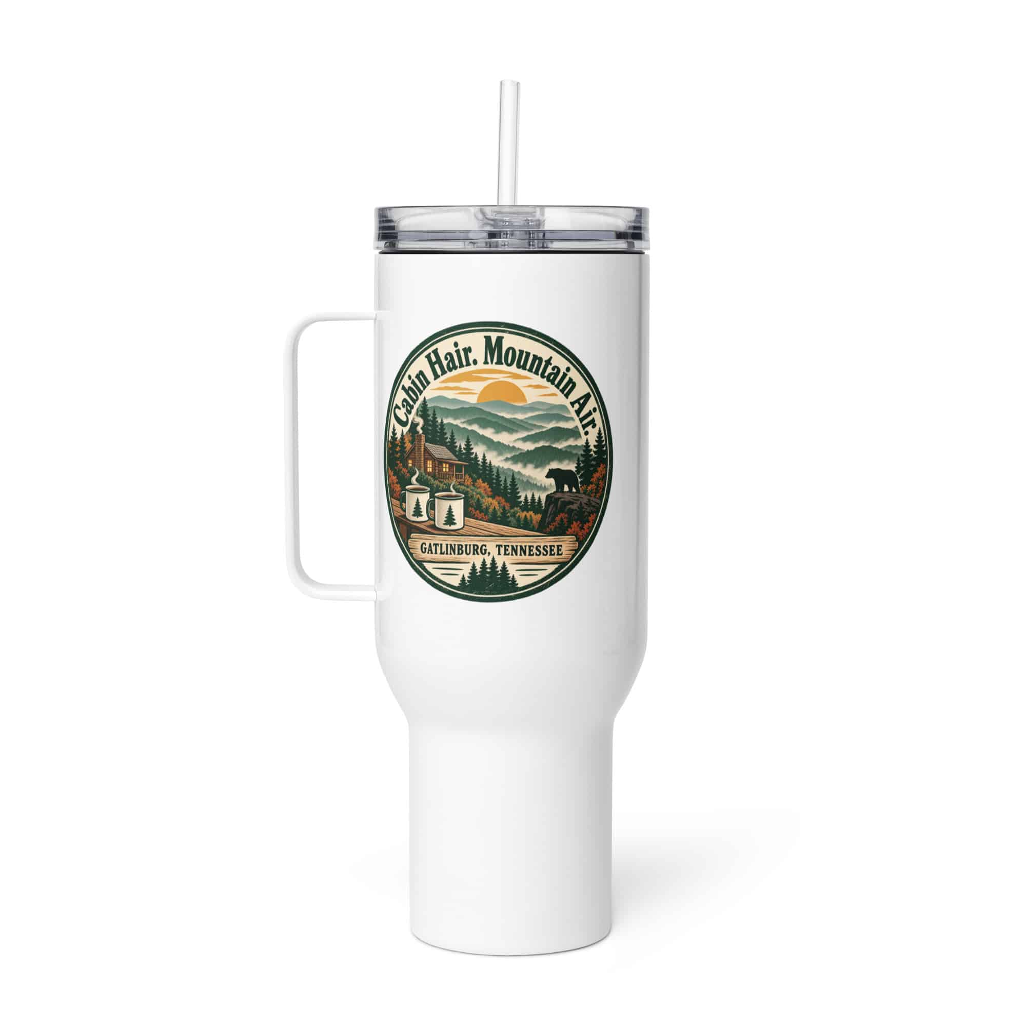 Gatlinburg and the Smokies Travel Mug: Cabin Hair. Mountain Air, Vintage Round Badge