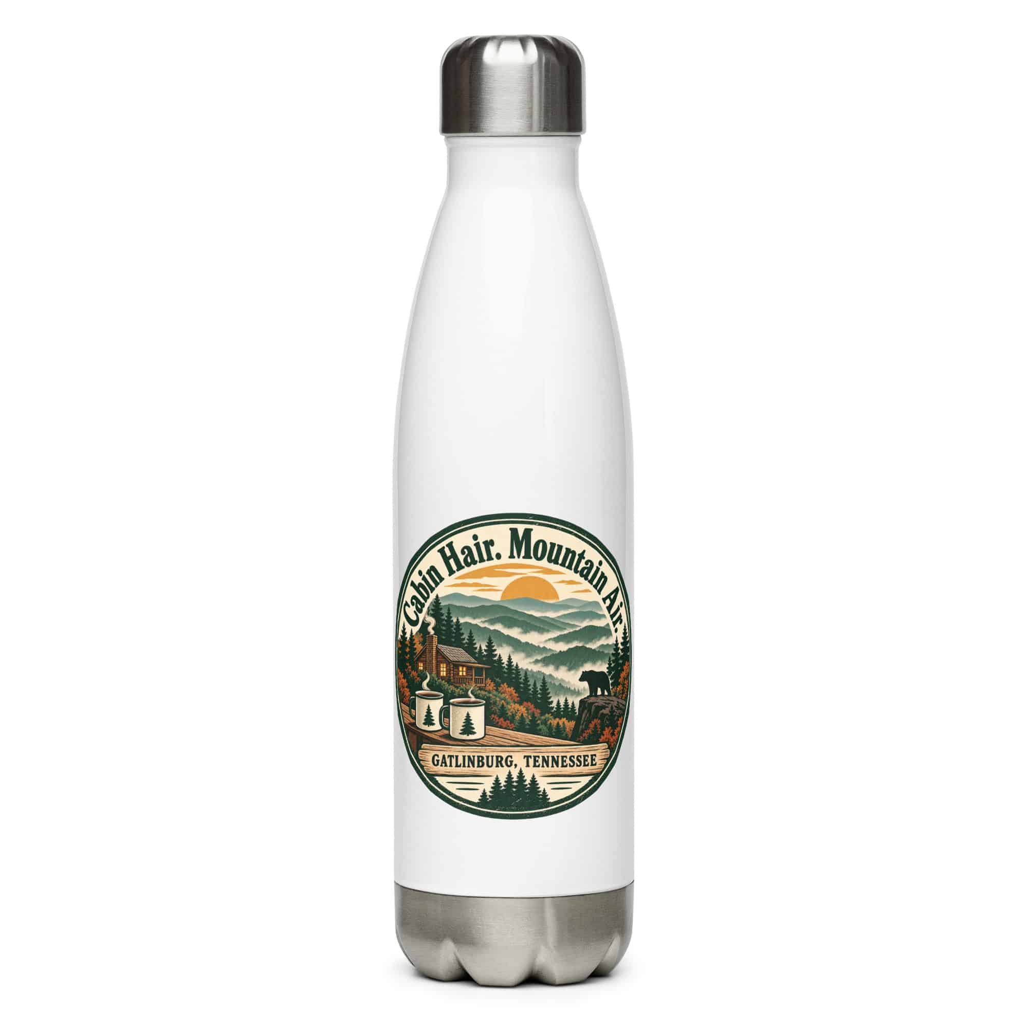 Gatlinburg and the Smokies Stainless Steel Water Bottle: Cabin Hair. Mountain Air, Vintage Round Badge