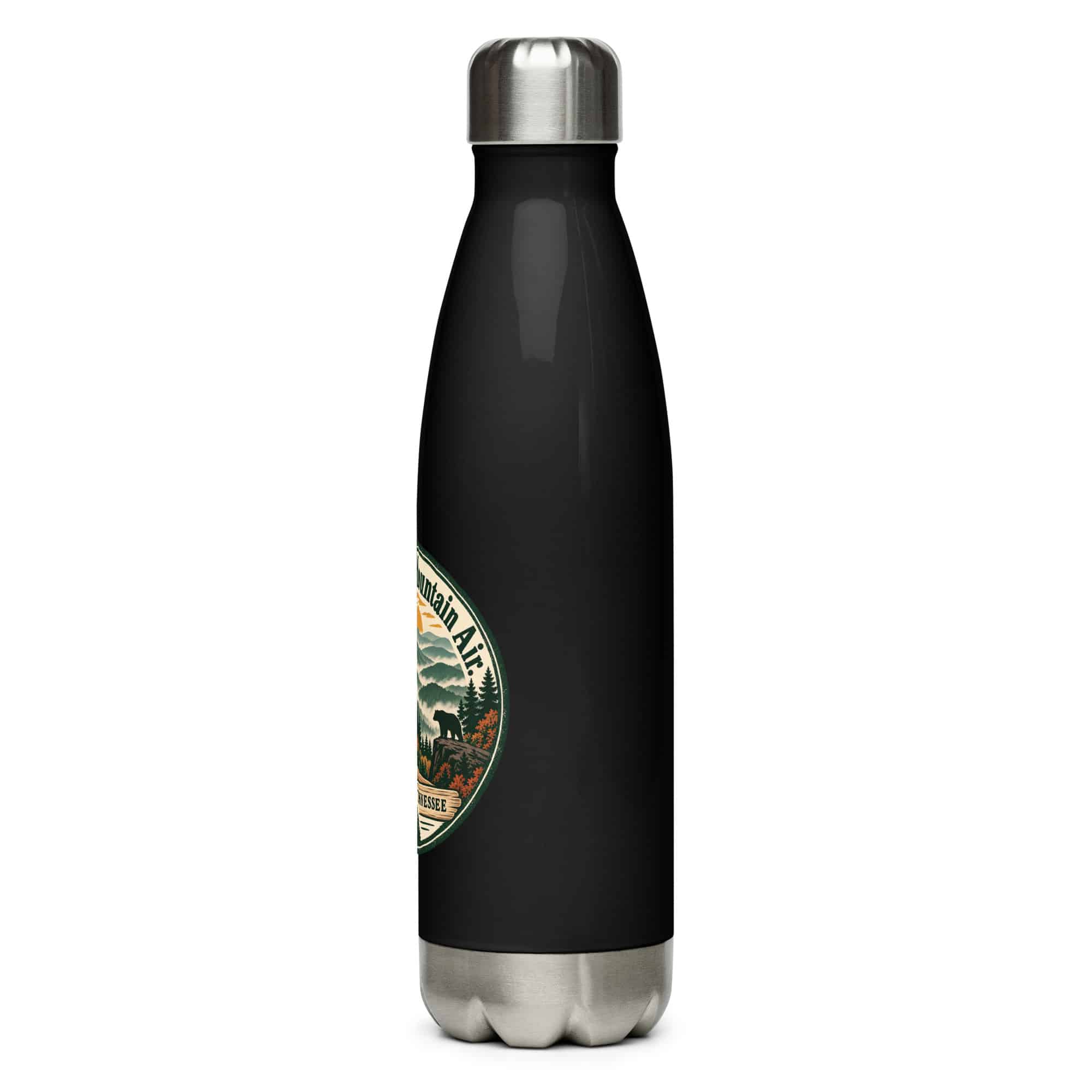Gatlinburg and the Smokies Stainless Steel Water Bottle: Cabin Hair. Mountain Air, Vintage Round Badge