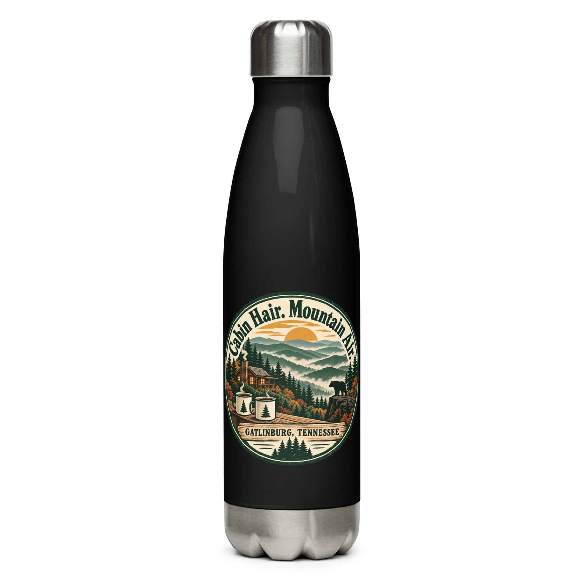 Gatlinburg and the Smokies Stainless Steel Water Bottle: Cabin Hair. Mountain Air, Vintage Round Badge