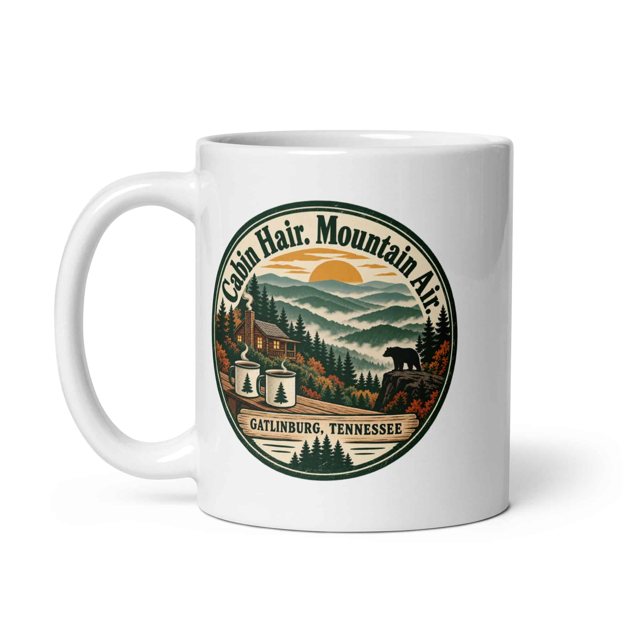 Gatlinburg and the Smokies White Ceramic Coffee Mug: Cabin Hair. Mountain Air, Vintage Round Badge