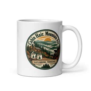 Gatlinburg and the Smokies White Ceramic Coffee Mug: Cabin Hair. Mountain Air, Vintage Round Badge - 11 oz - Main
