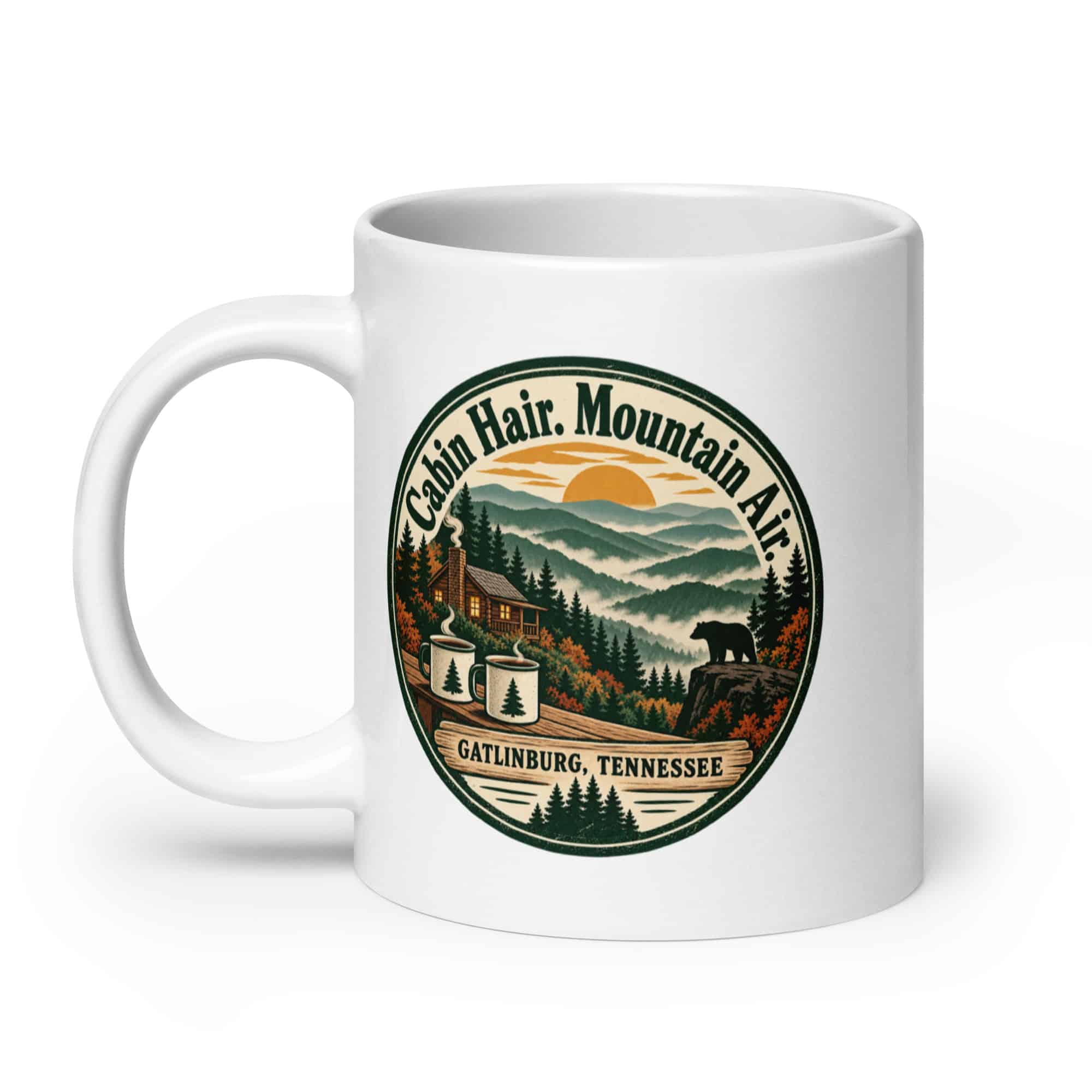 Gatlinburg and the Smokies White Ceramic Coffee Mug: Cabin Hair. Mountain Air, Vintage Round Badge