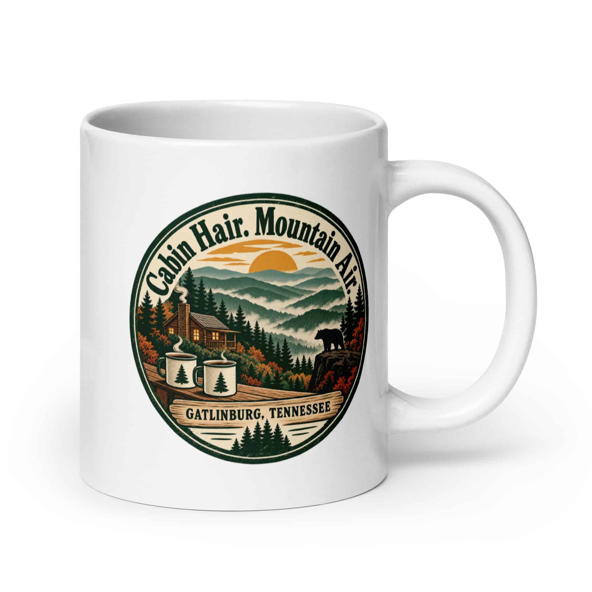 Gatlinburg and the Smokies White Ceramic Coffee Mug: Cabin Hair. Mountain Air, Vintage Round Badge