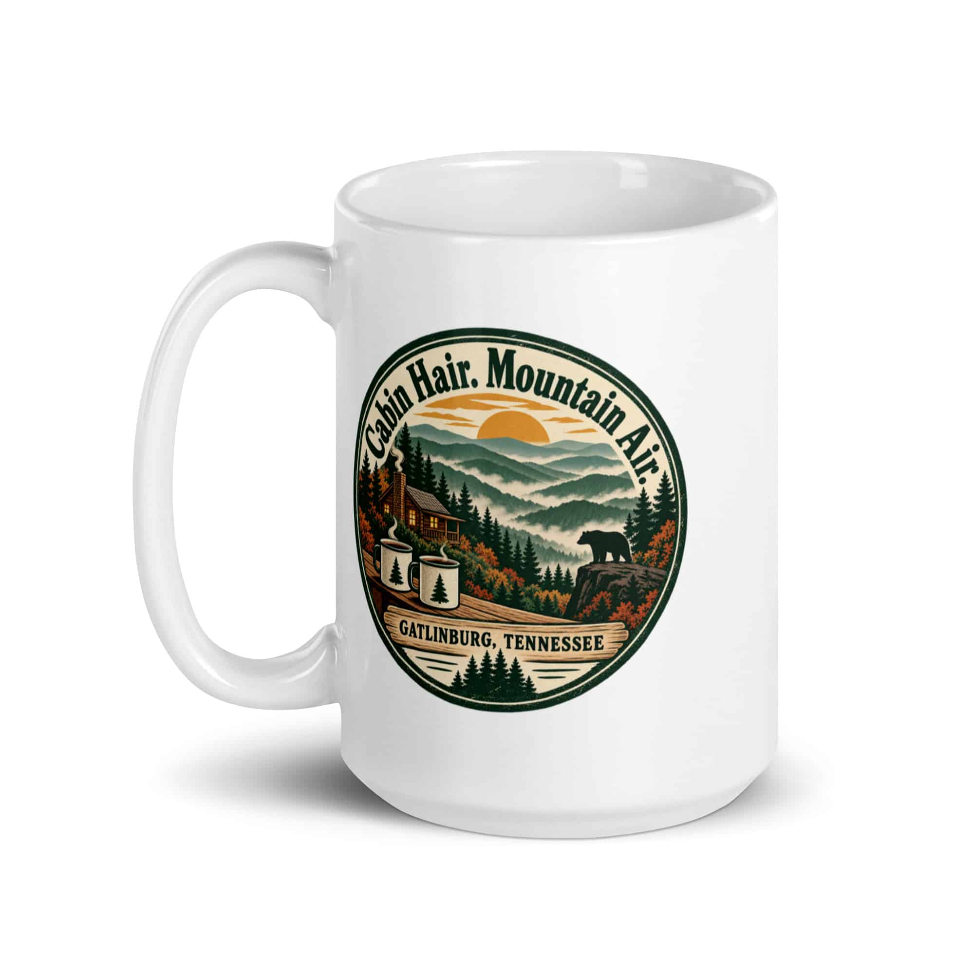 Gatlinburg and the Smokies White Ceramic Coffee Mug: Cabin Hair. Mountain Air, Vintage Round Badge