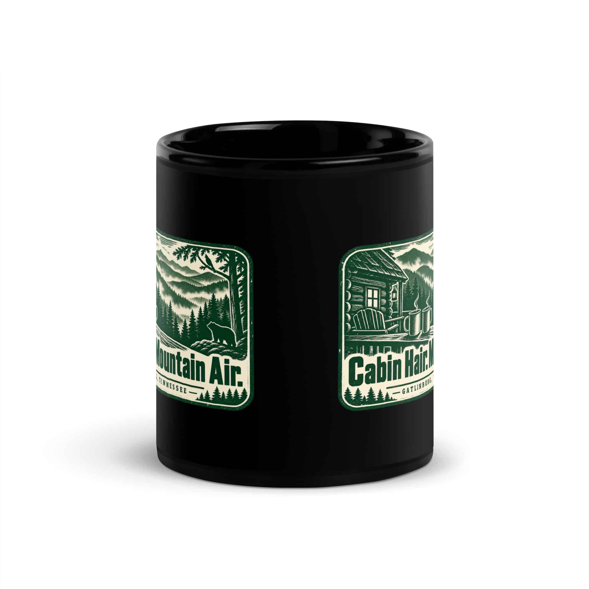 Gatlinburg and the Smokies Black Coffee Mug: Cabin Hair. Mountain Air, Forest Ink Stamp