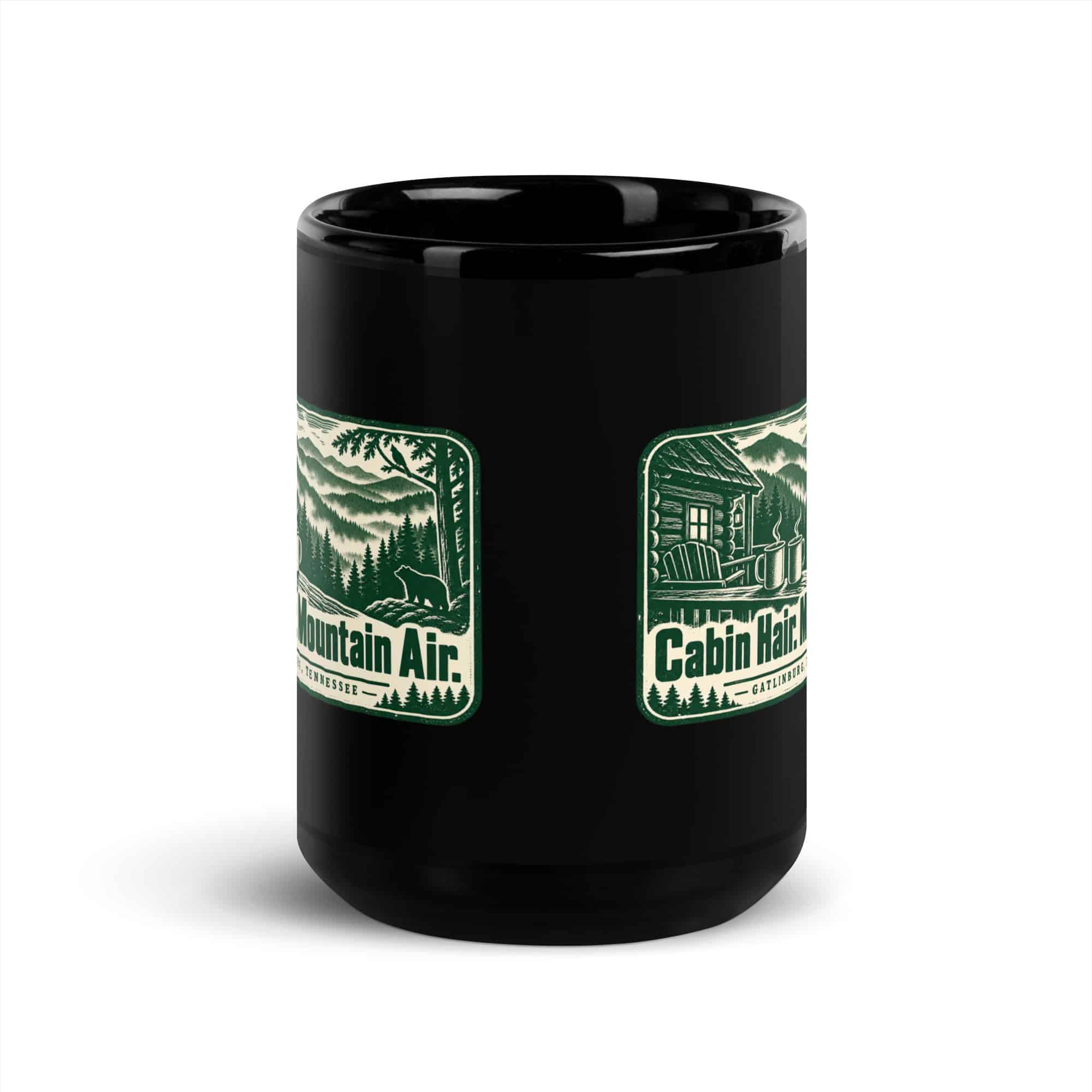 Gatlinburg and the Smokies Black Coffee Mug: Cabin Hair. Mountain Air, Forest Ink Stamp