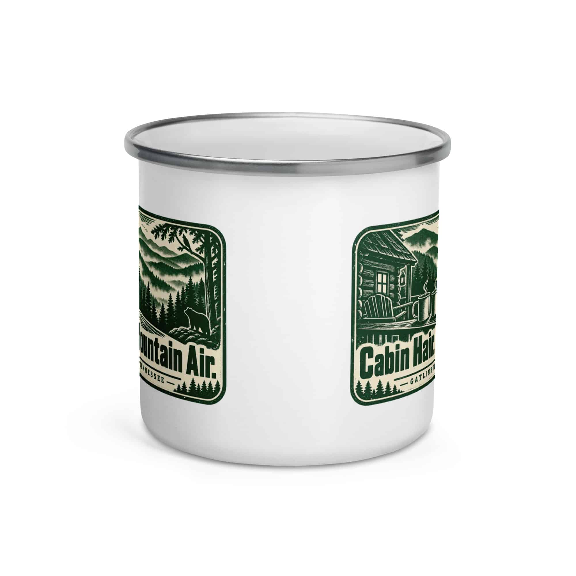 Gatlinburg and the Smokies Enamel Camp Mug: Cabin Hair. Mountain Air, Forest Ink Stamp