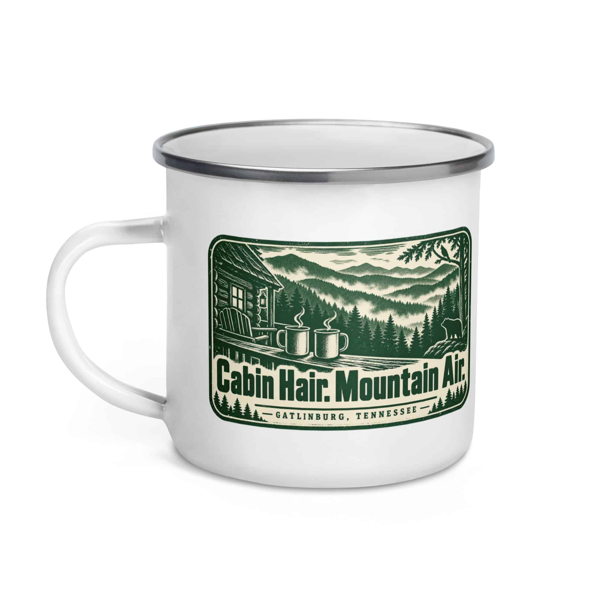 Gatlinburg and the Smokies Enamel Camp Mug: Cabin Hair. Mountain Air, Forest Ink Stamp