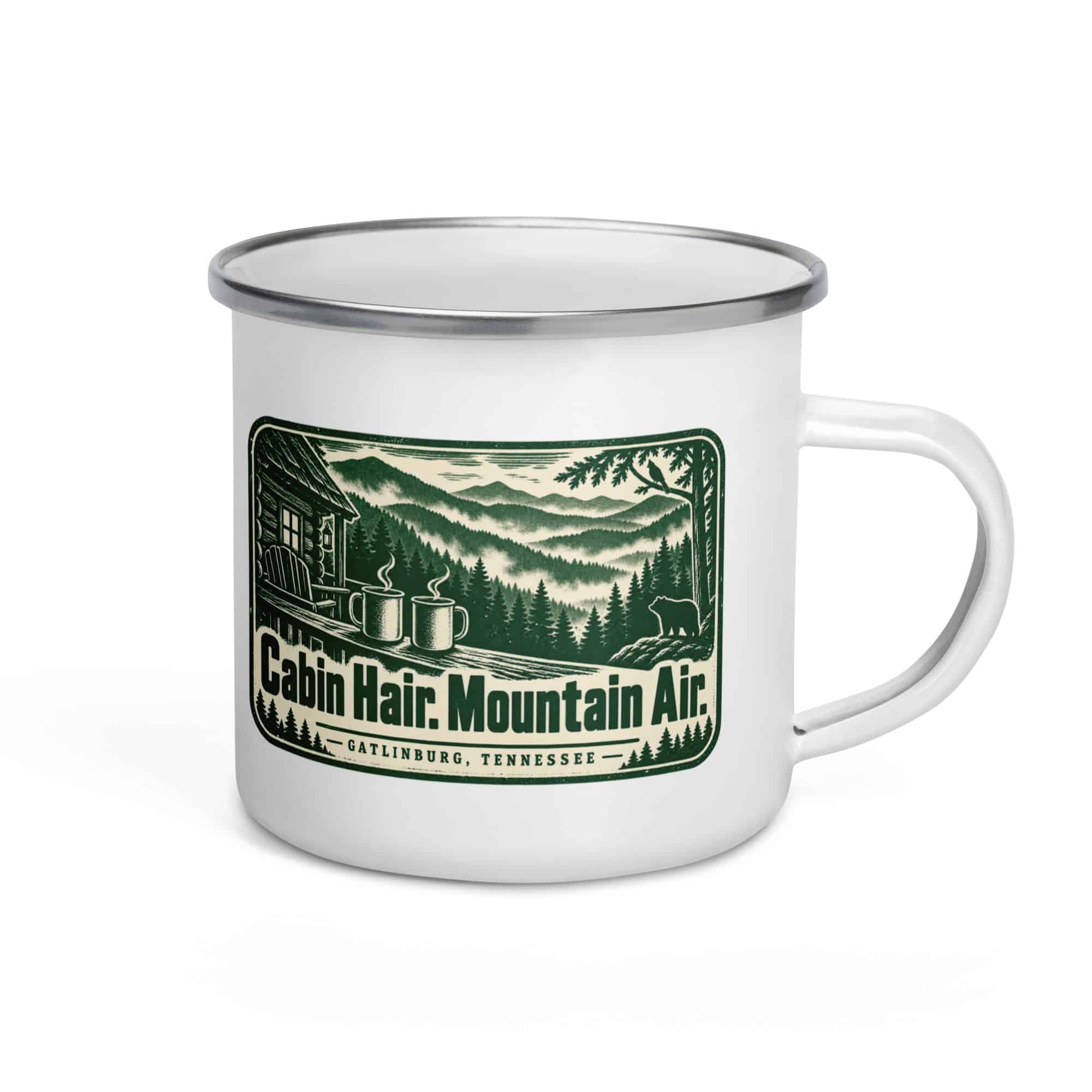 Gatlinburg and the Smokies Enamel Camp Mug: Cabin Hair. Mountain Air, Forest Ink Stamp