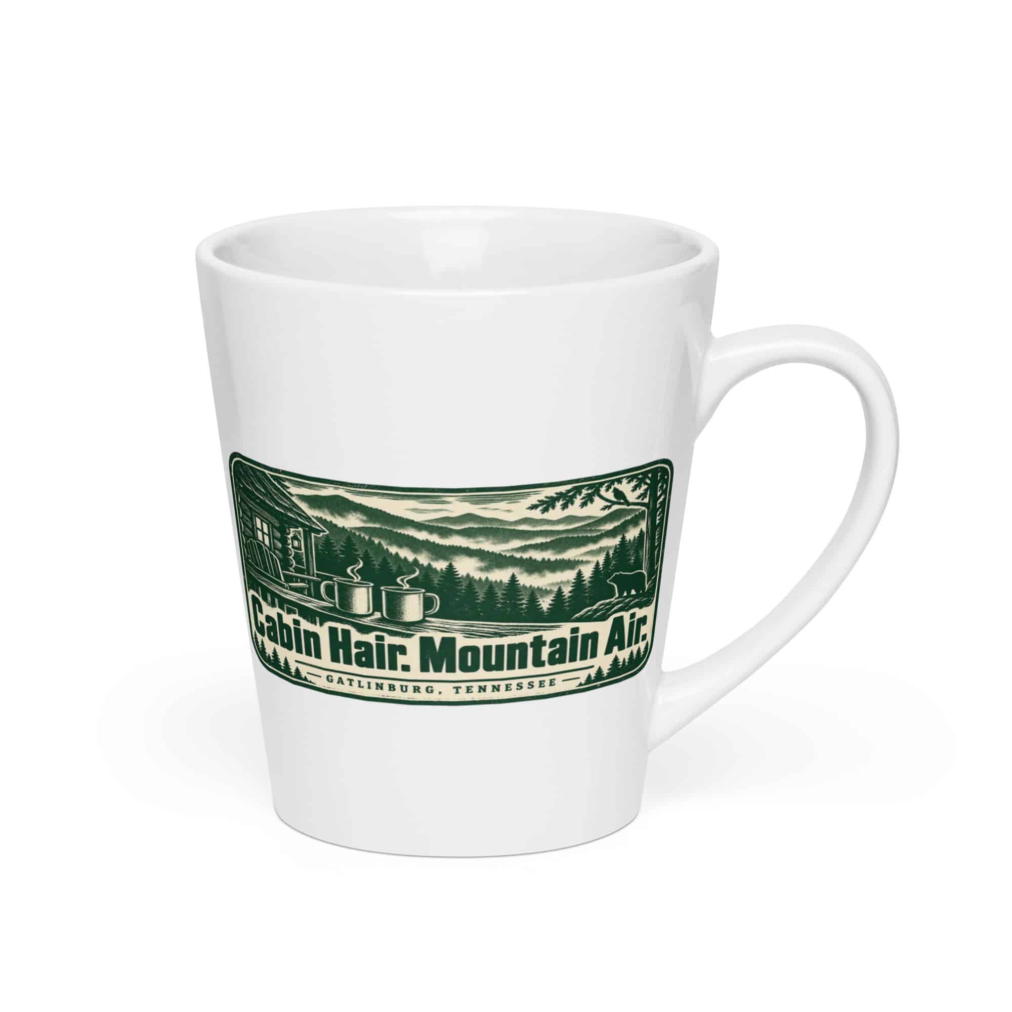 Gatlinburg and the Smokies Latte Mug: Cabin Hair. Mountain Air, Forest Ink Stamp