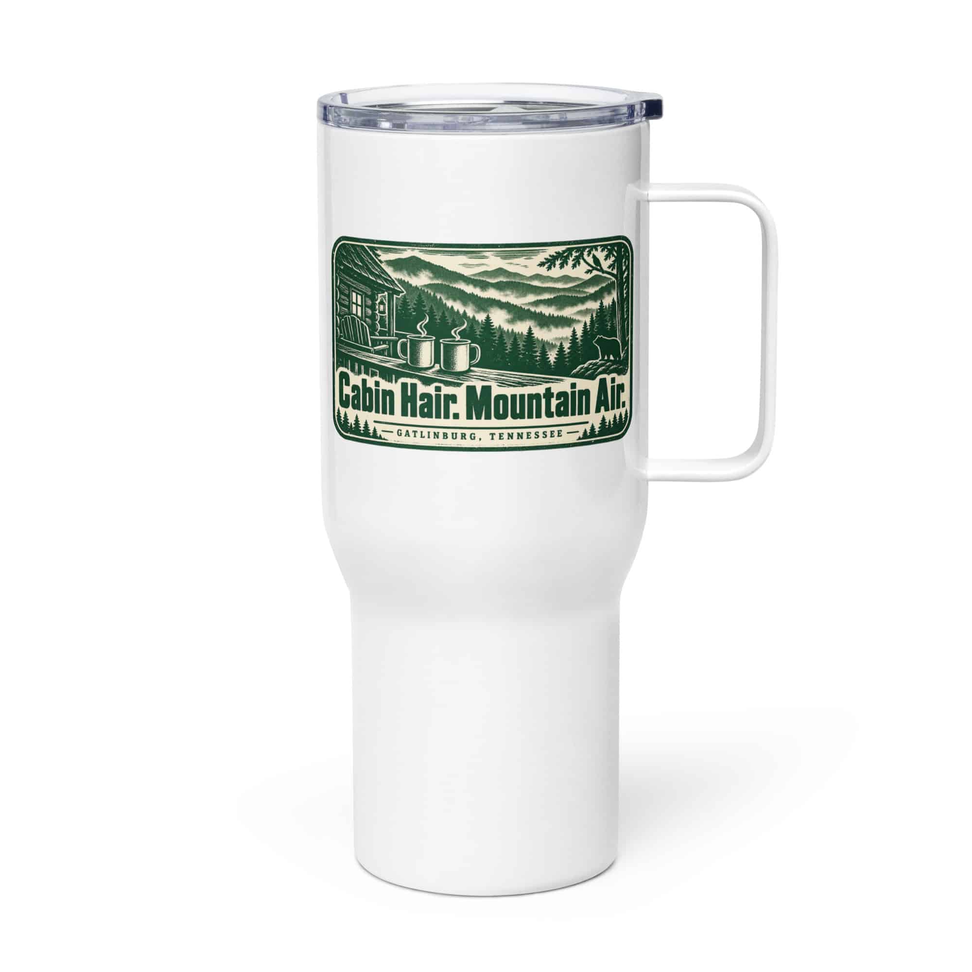 Gatlinburg and the Smokies Travel Mug: Cabin Hair. Mountain Air, Forest Ink Stamp