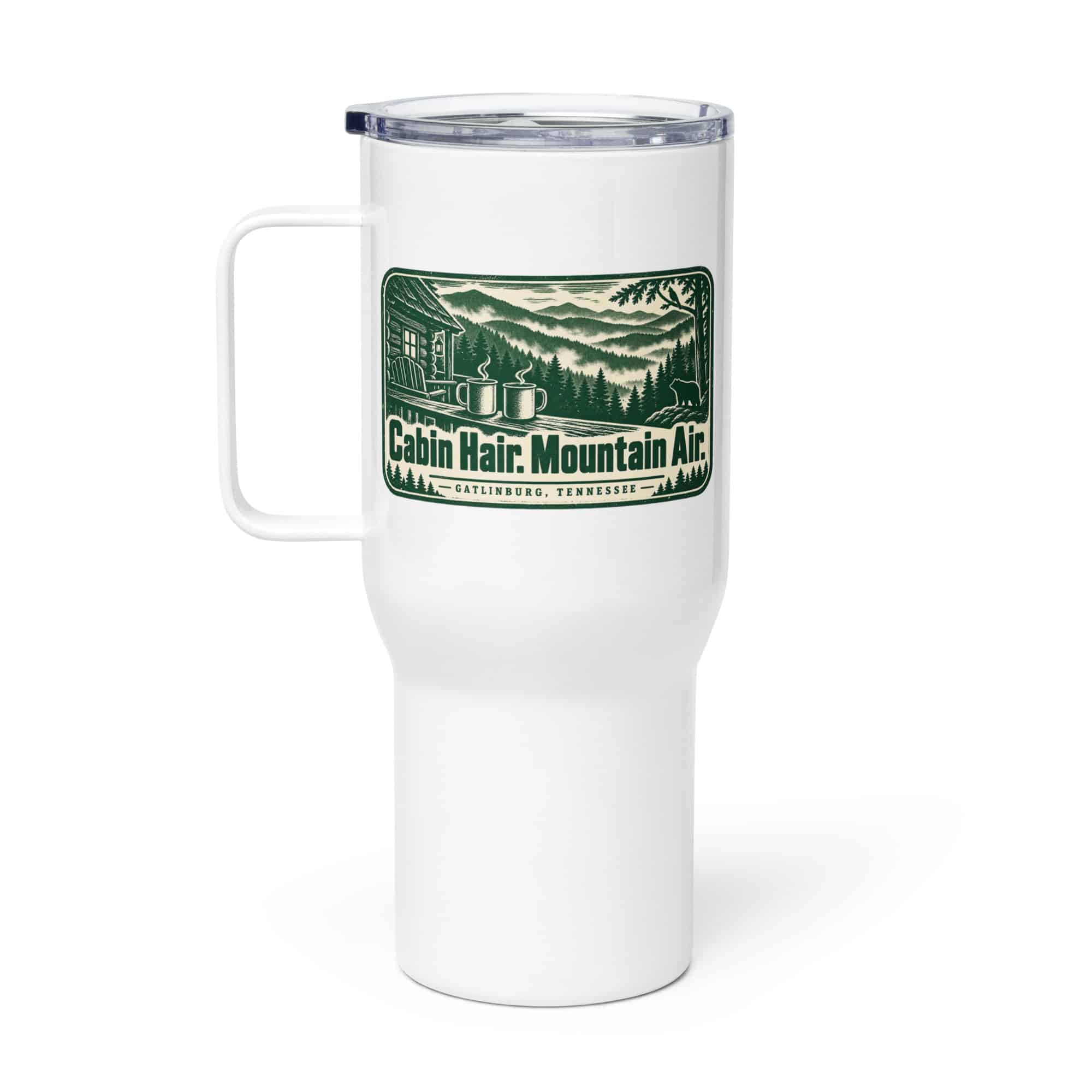 Gatlinburg and the Smokies Travel Mug: Cabin Hair. Mountain Air, Forest Ink Stamp