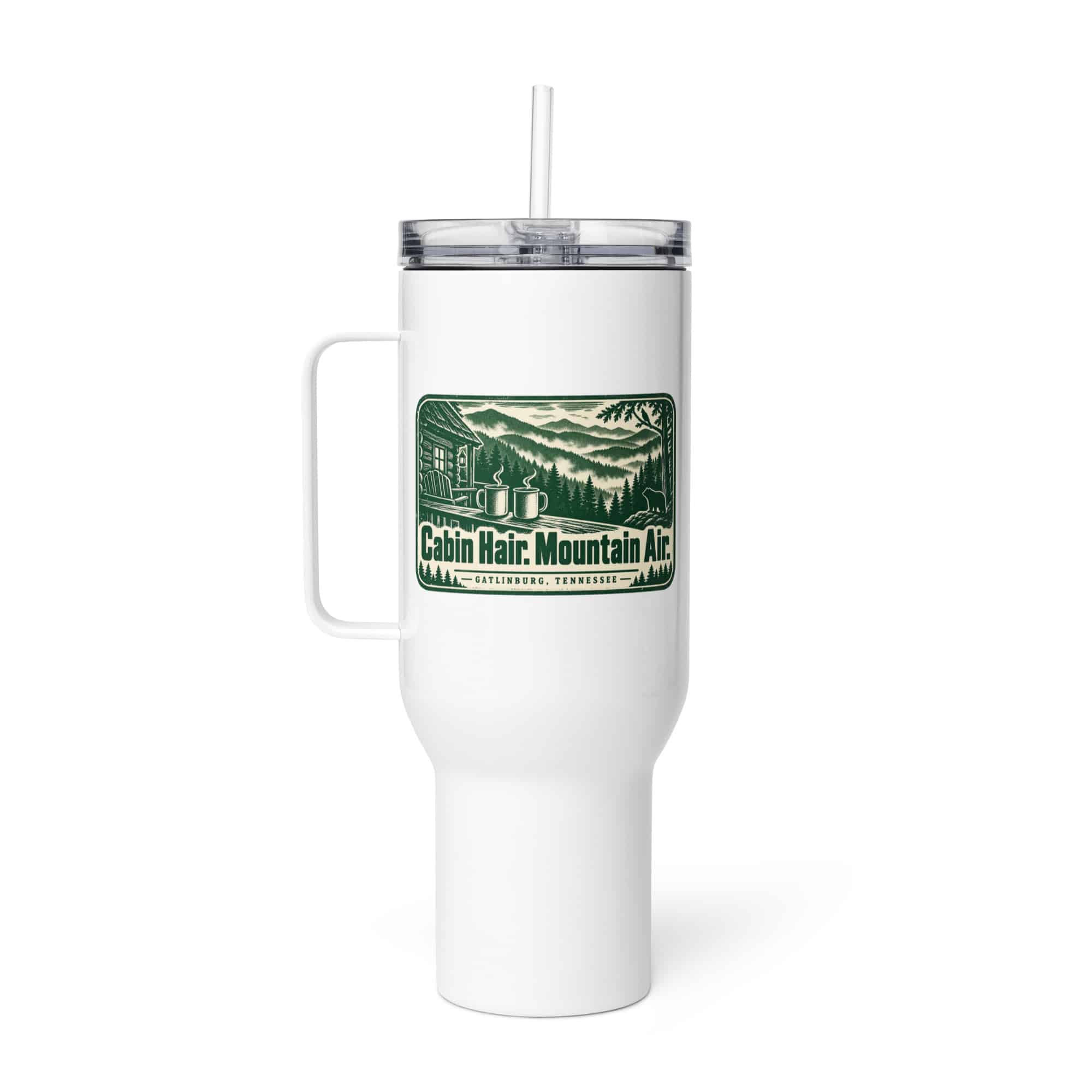 Gatlinburg and the Smokies Travel Mug: Cabin Hair. Mountain Air, Forest Ink Stamp