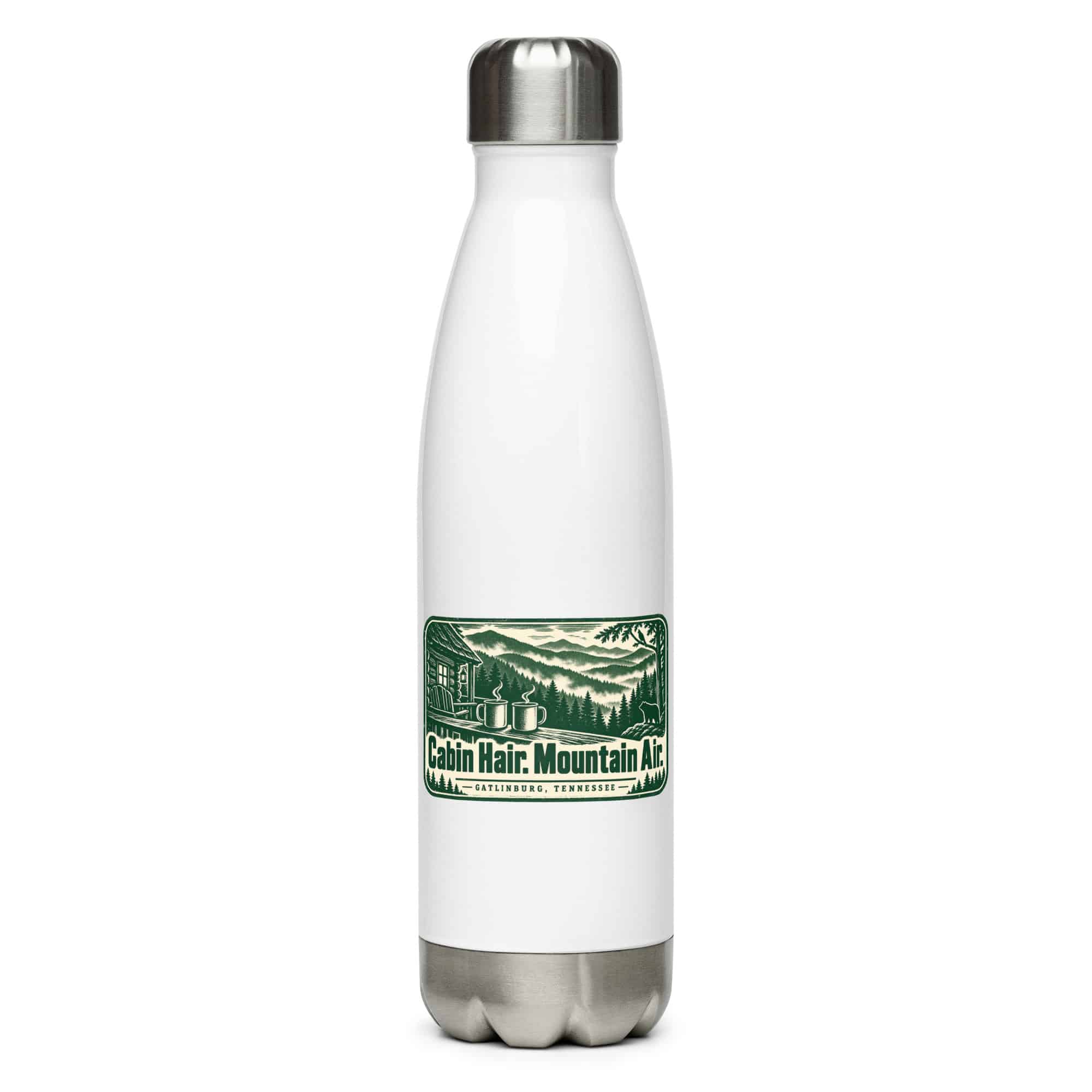 Gatlinburg and the Smokies Stainless Steel Water Bottle: Cabin Hair. Mountain Air, Forest Ink Stamp