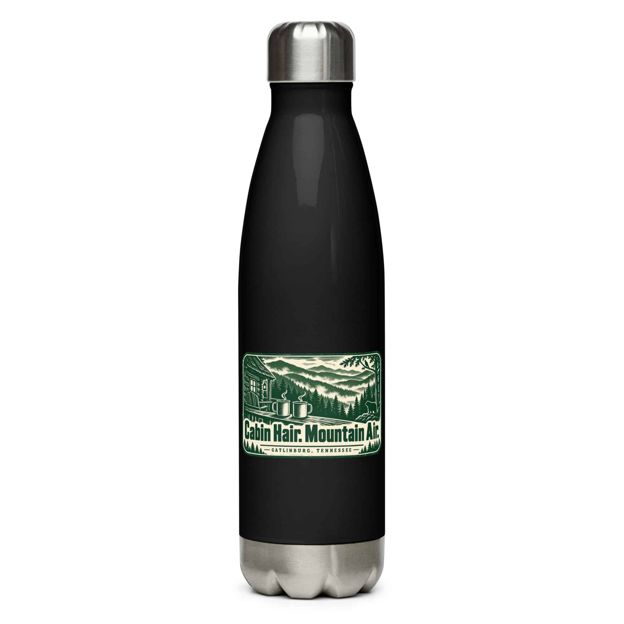 Gatlinburg and the Smokies Stainless Steel Water Bottle: Cabin Hair. Mountain Air, Forest Ink Stamp