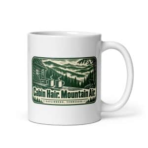Gatlinburg and the Smokies White Ceramic Coffee Mug: Cabin Hair. Mountain Air, Forest Ink Stamp - 11 oz - Main