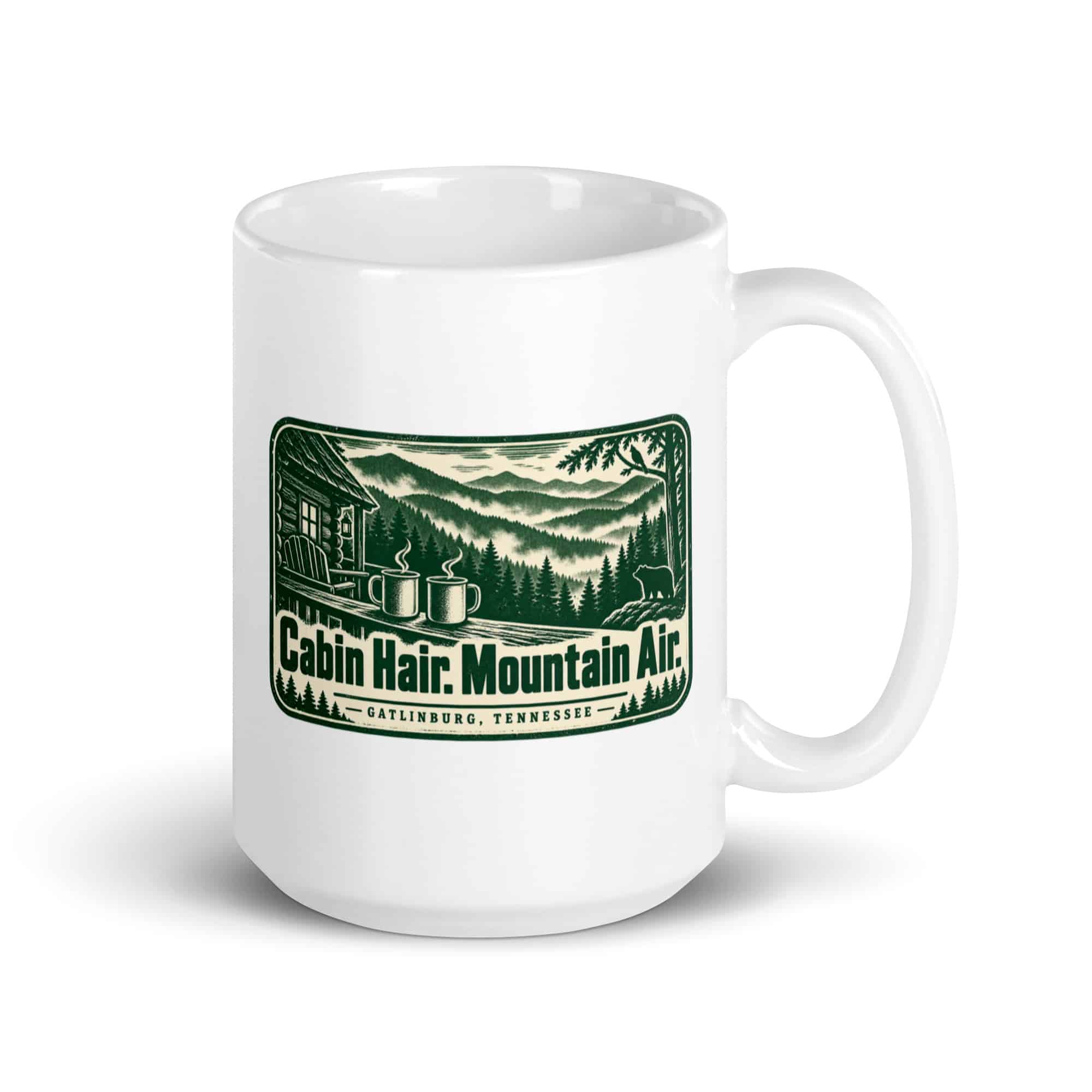 Gatlinburg and the Smokies White Ceramic Coffee Mug: Cabin Hair. Mountain Air, Forest Ink Stamp