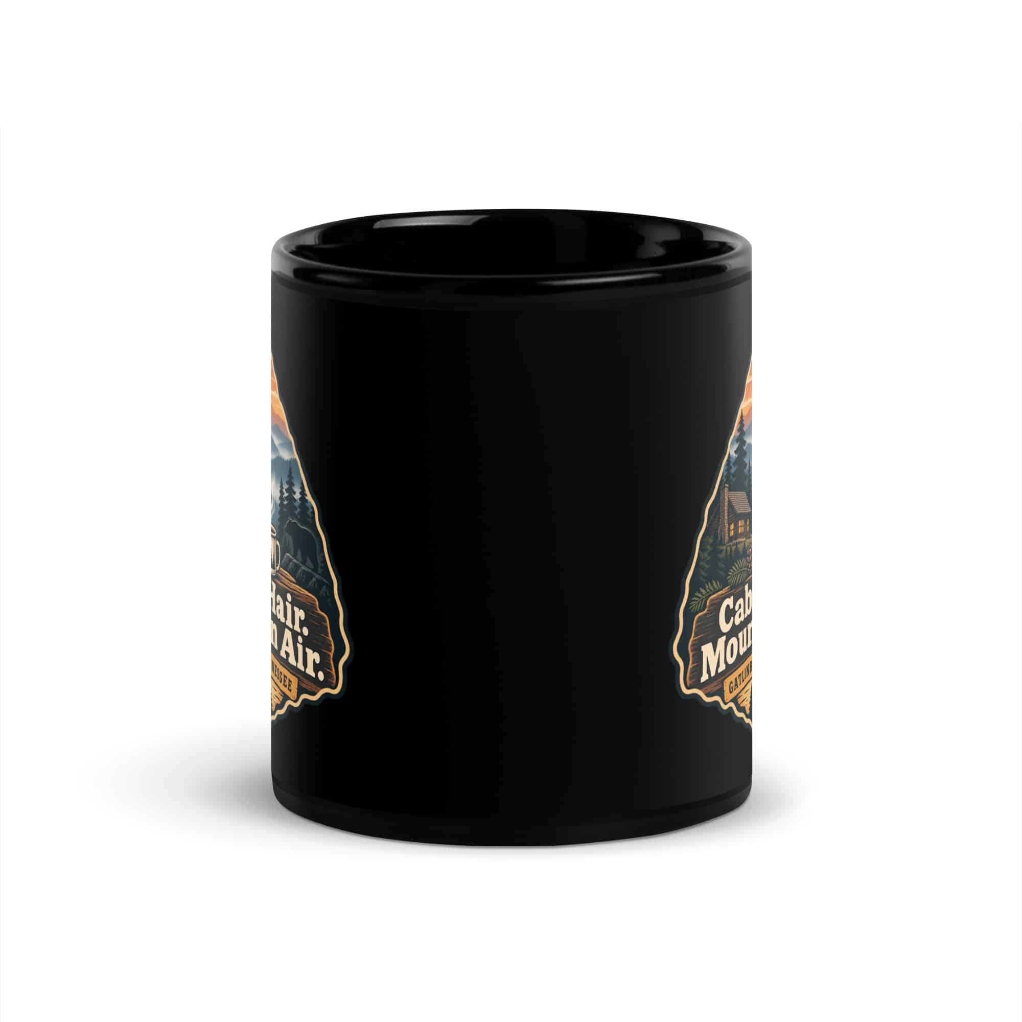 Gatlinburg and the Smokies Black Coffee Mug: Cabin Hair. Mountain Air, Scenic Shield Badge
