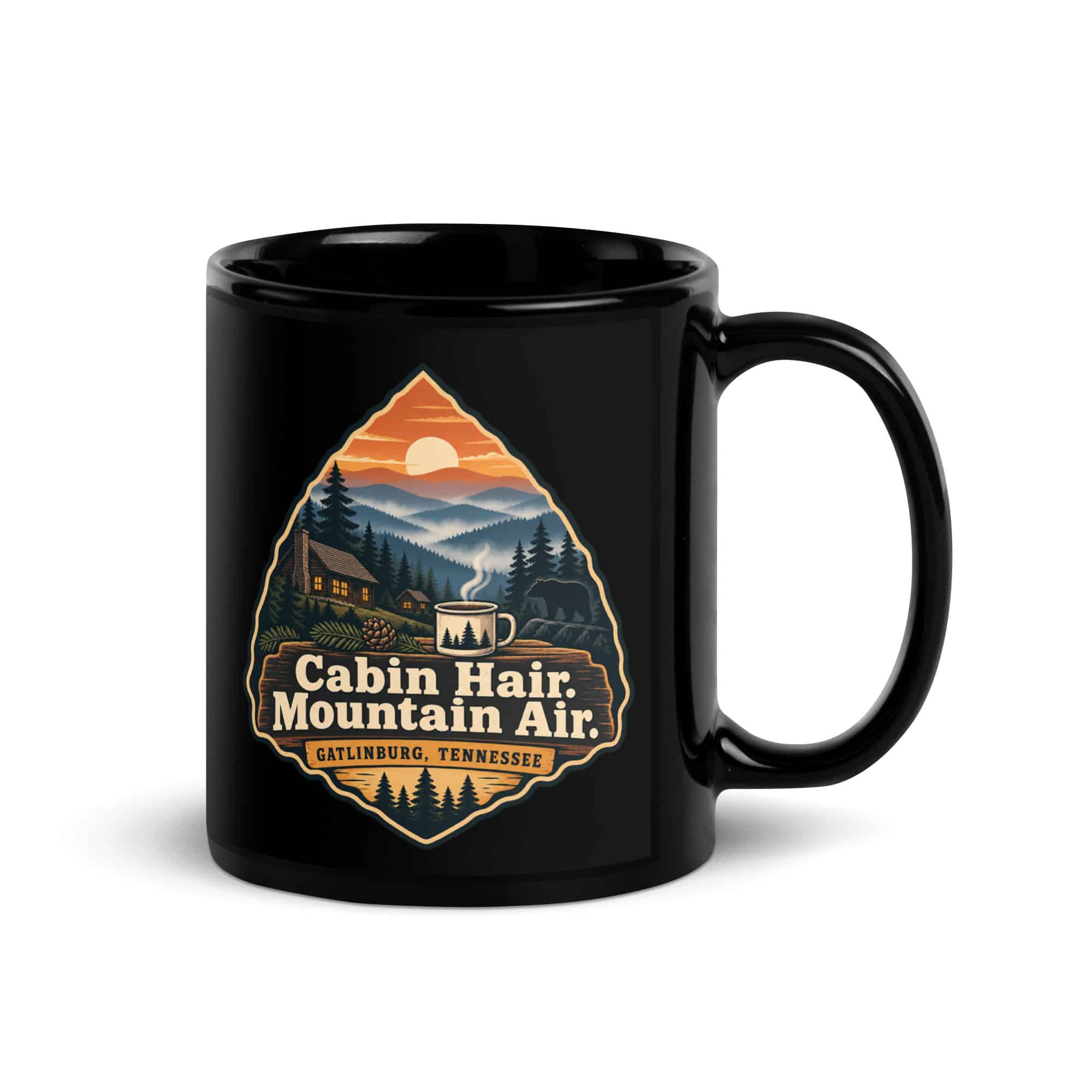 Gatlinburg and the Smokies Black Coffee Mug: Cabin Hair. Mountain Air, Scenic Shield Badge