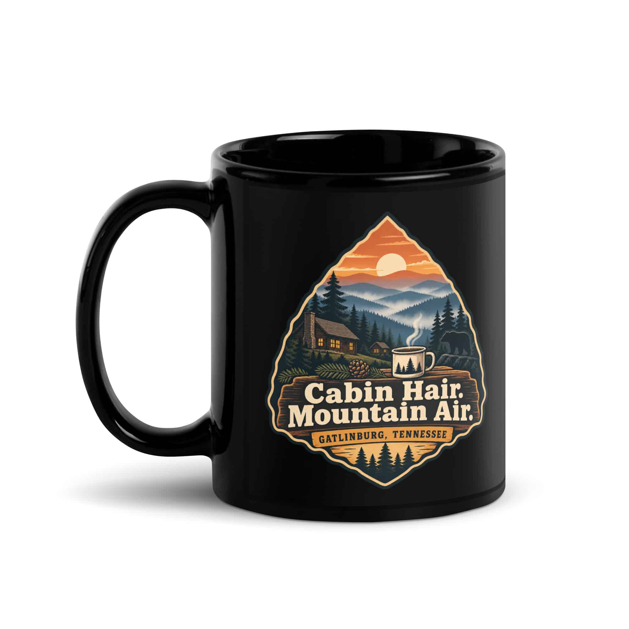 Gatlinburg and the Smokies Black Coffee Mug: Cabin Hair. Mountain Air, Scenic Shield Badge