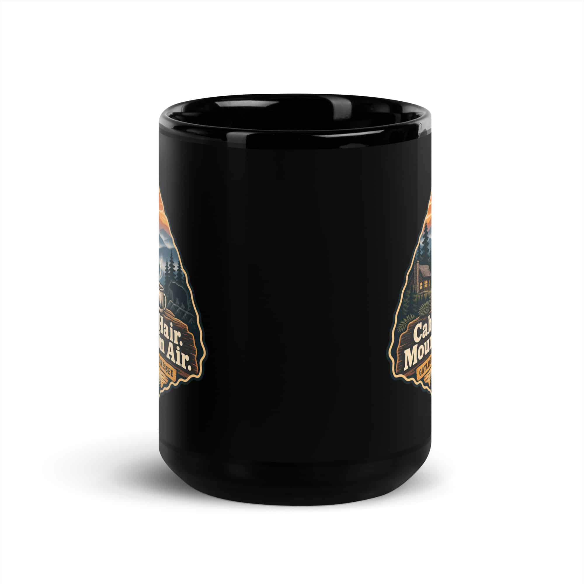 Gatlinburg and the Smokies Black Coffee Mug: Cabin Hair. Mountain Air, Scenic Shield Badge