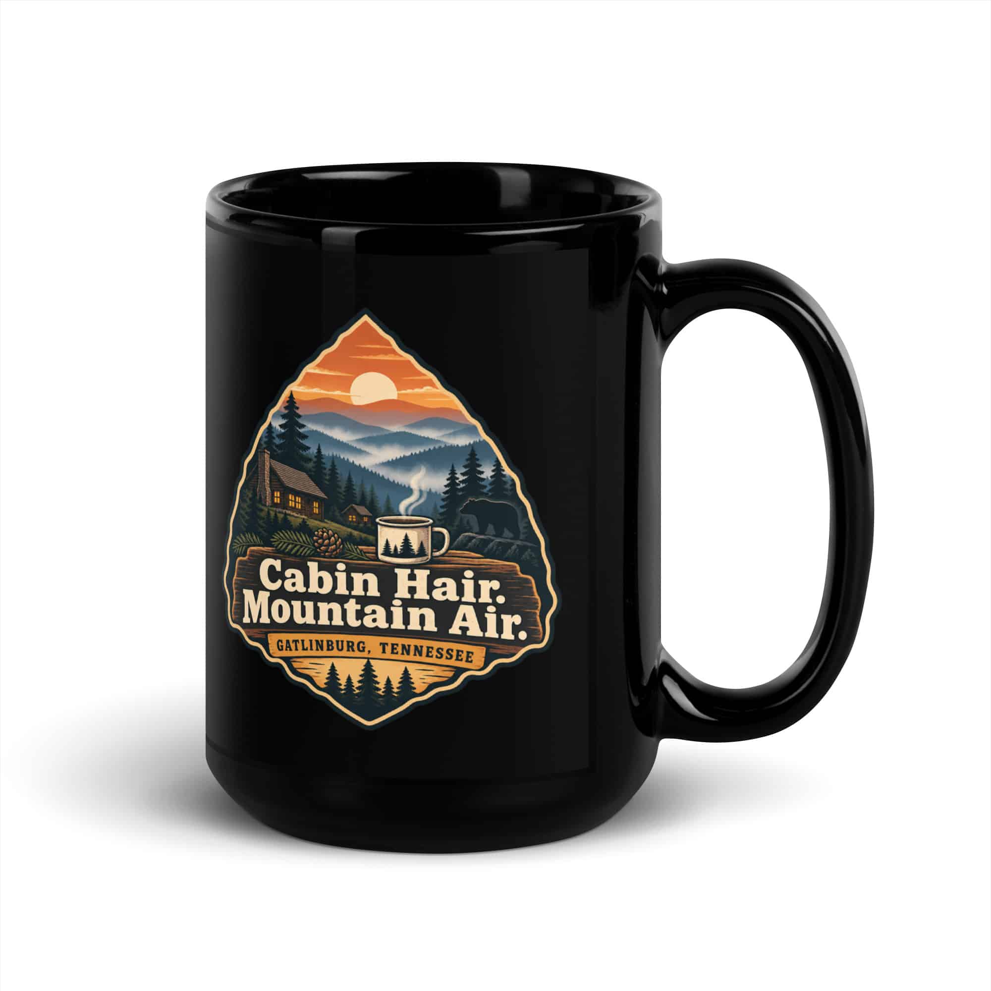 Gatlinburg and the Smokies Black Coffee Mug: Cabin Hair. Mountain Air, Scenic Shield Badge