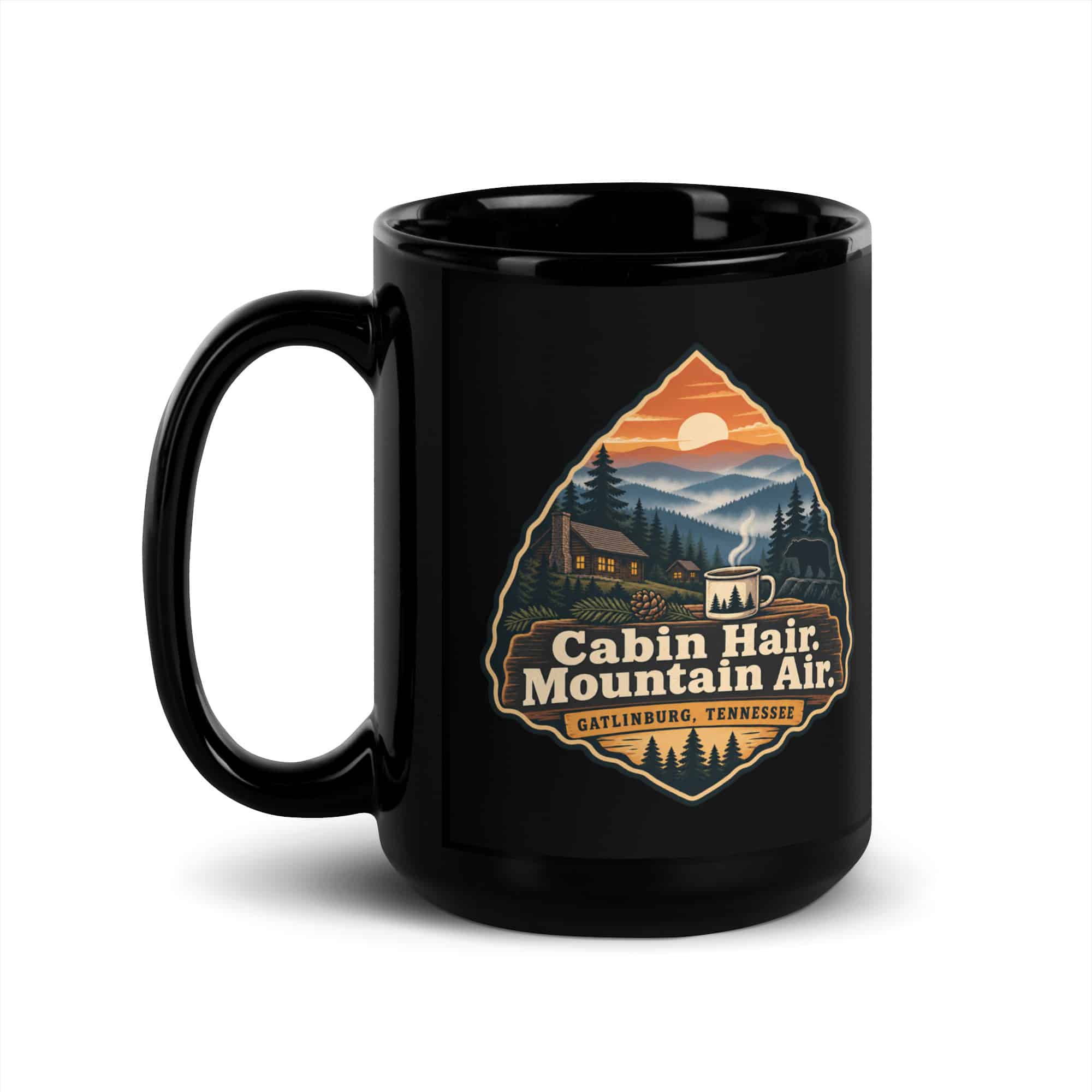 Gatlinburg and the Smokies Black Coffee Mug: Cabin Hair. Mountain Air, Scenic Shield Badge
