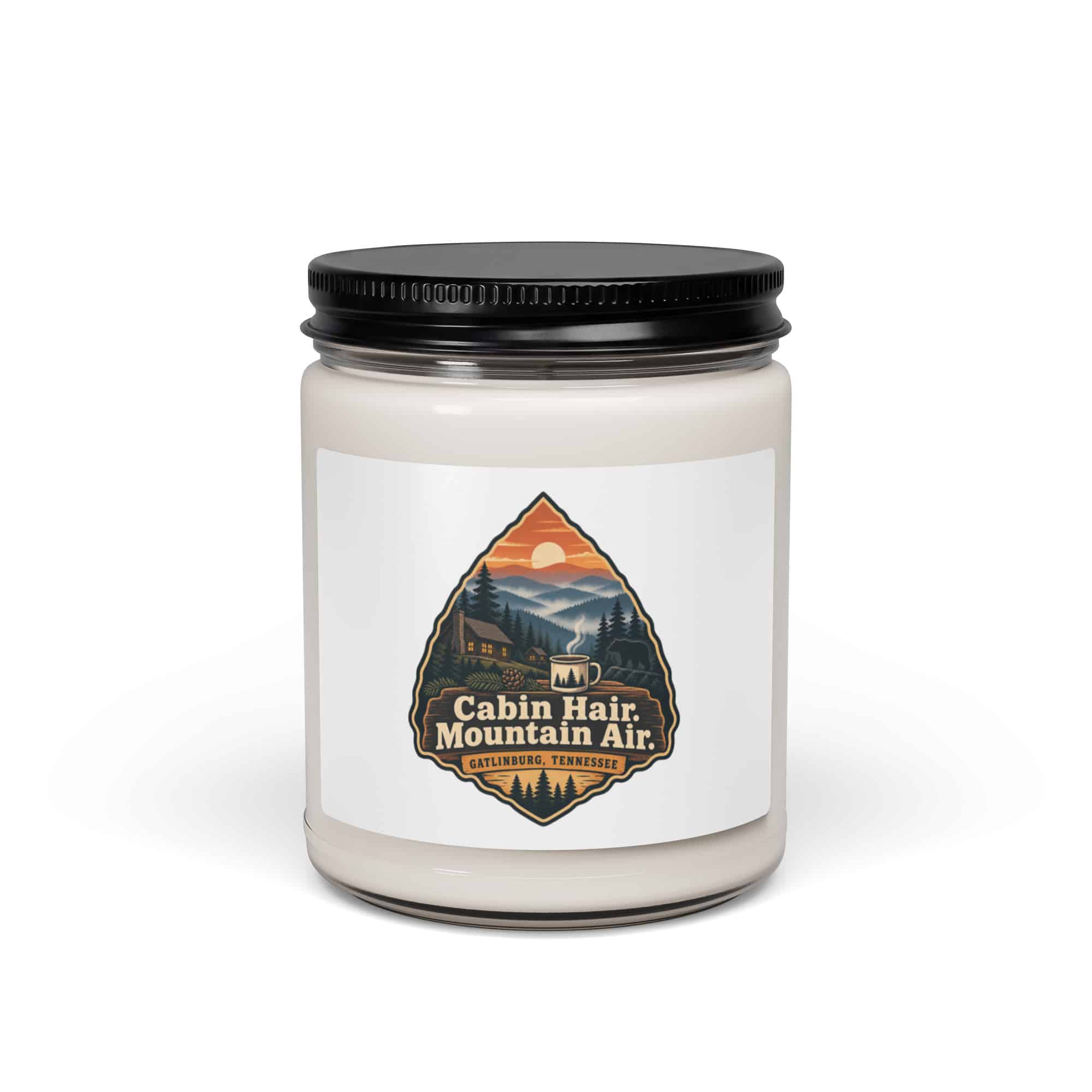 Gatlinburg and the Smokies Soy Wax Candle: Cabin Hair. Mountain Air, Scenic Shield Badge