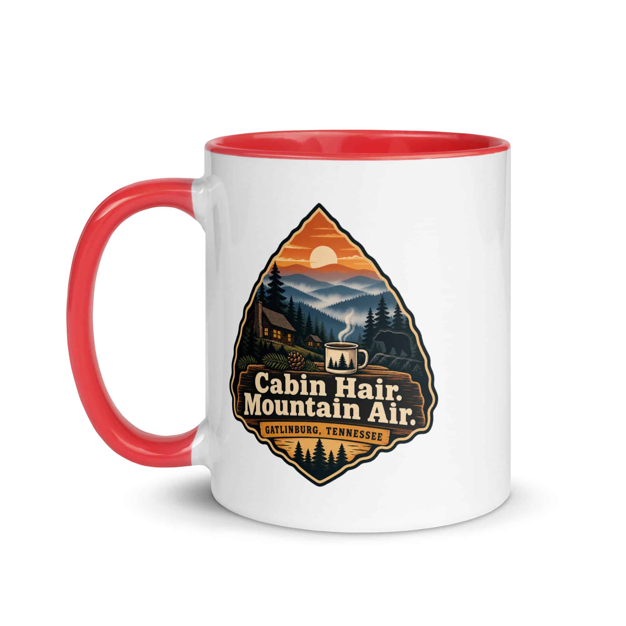 Gatlinburg and the Smokies Color Inside Coffee Mug: Cabin Hair. Mountain Air, Scenic Shield Badge