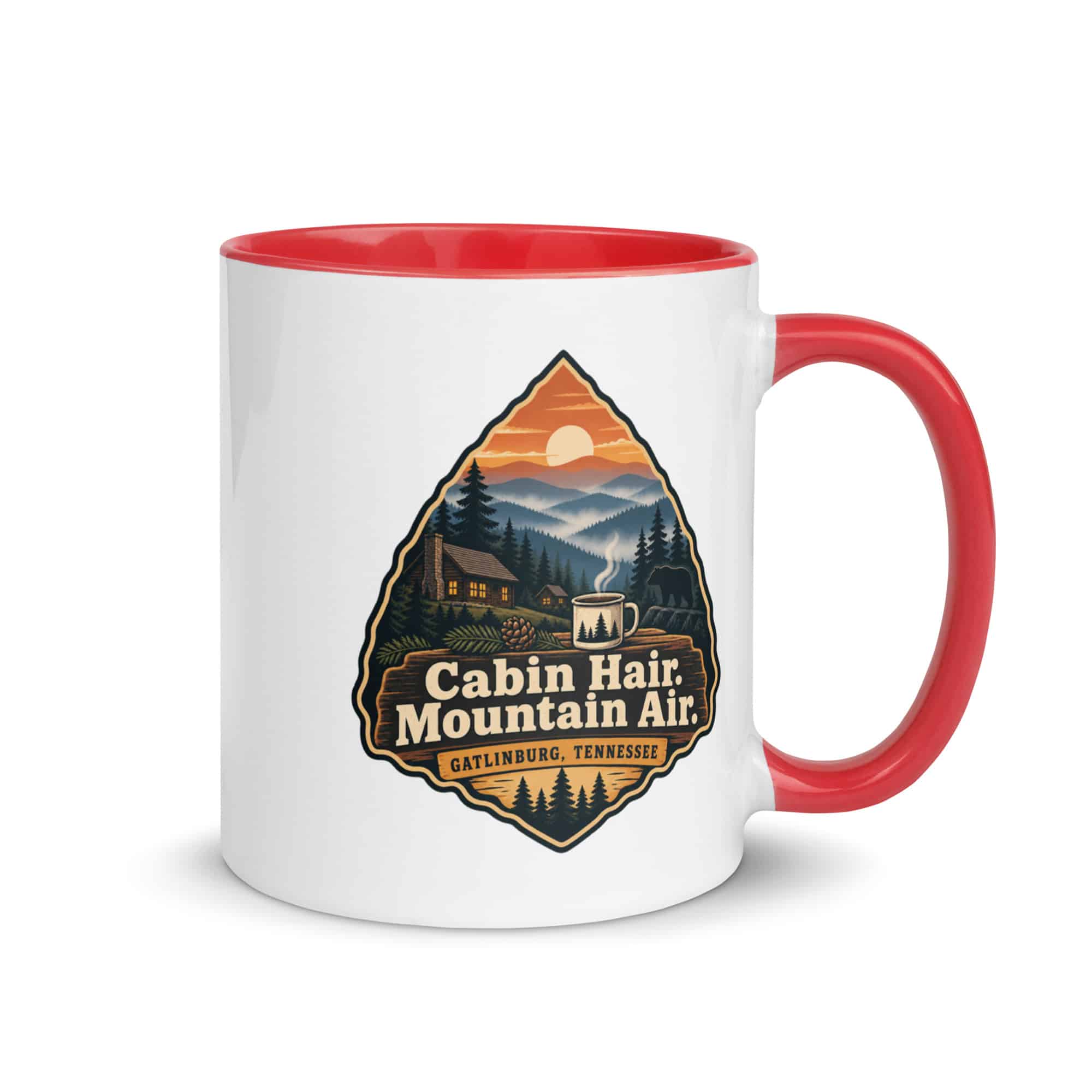 Gatlinburg and the Smokies Color Inside Coffee Mug: Cabin Hair. Mountain Air, Scenic Shield Badge