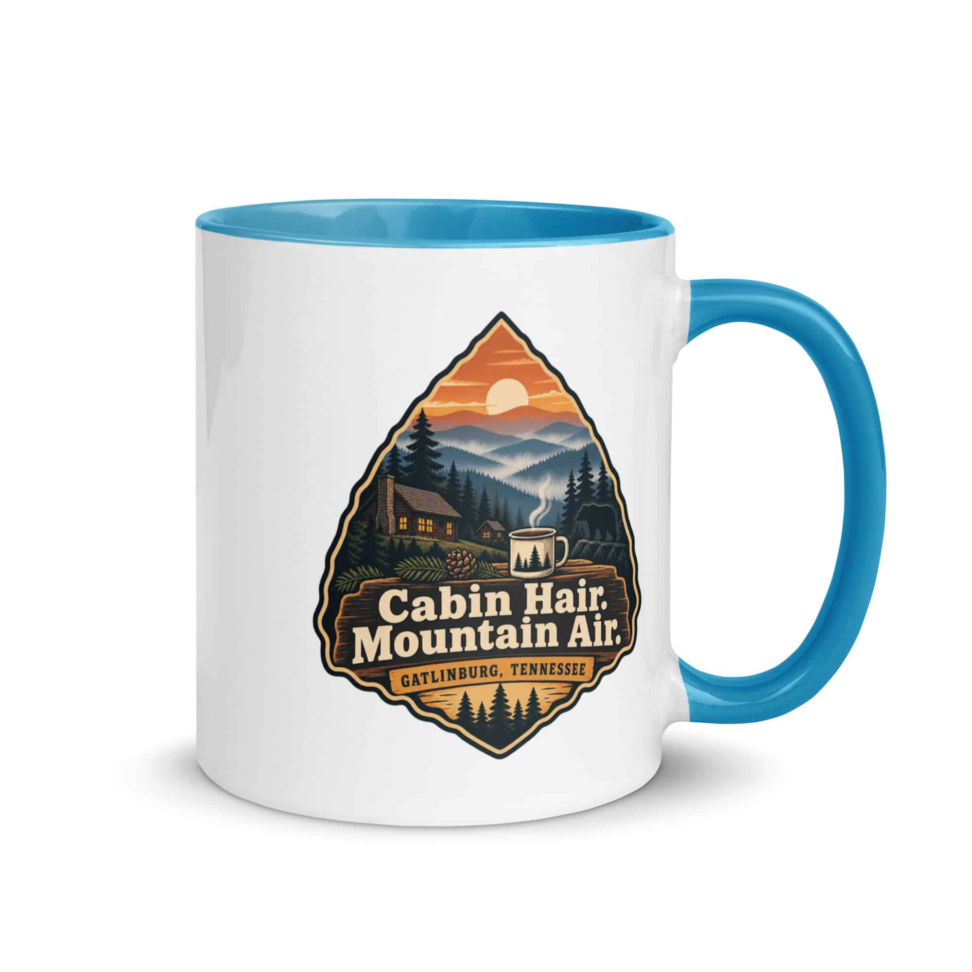 Gatlinburg and the Smokies Color Inside Coffee Mug: Cabin Hair. Mountain Air, Scenic Shield Badge