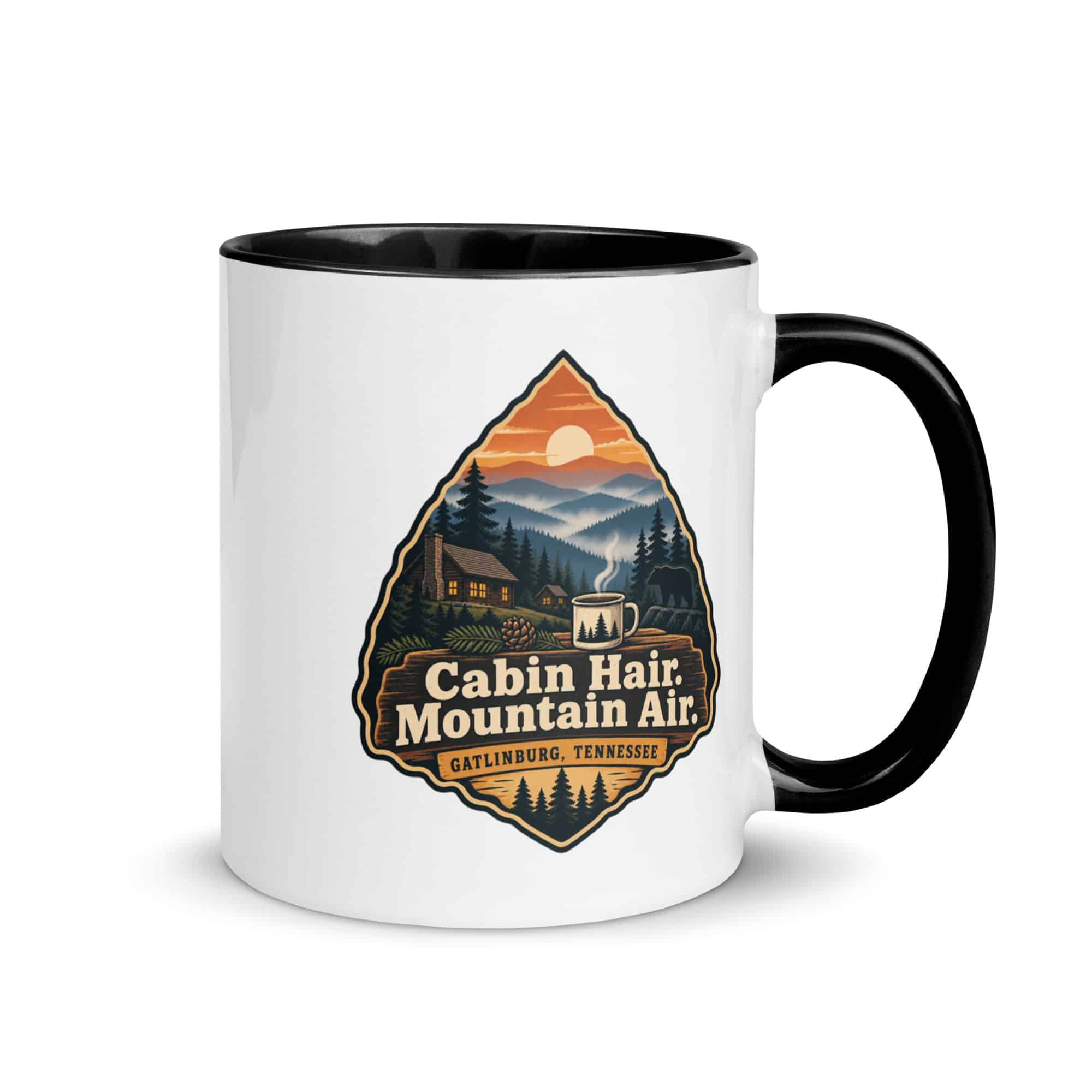 Gatlinburg and the Smokies Color Inside Coffee Mug: Cabin Hair. Mountain Air, Scenic Shield Badge