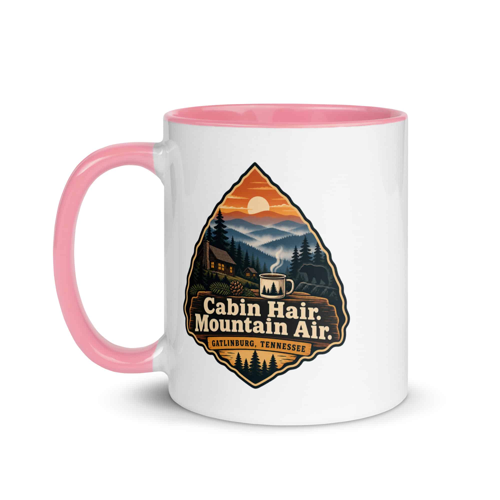 Gatlinburg and the Smokies Color Inside Coffee Mug: Cabin Hair. Mountain Air, Scenic Shield Badge