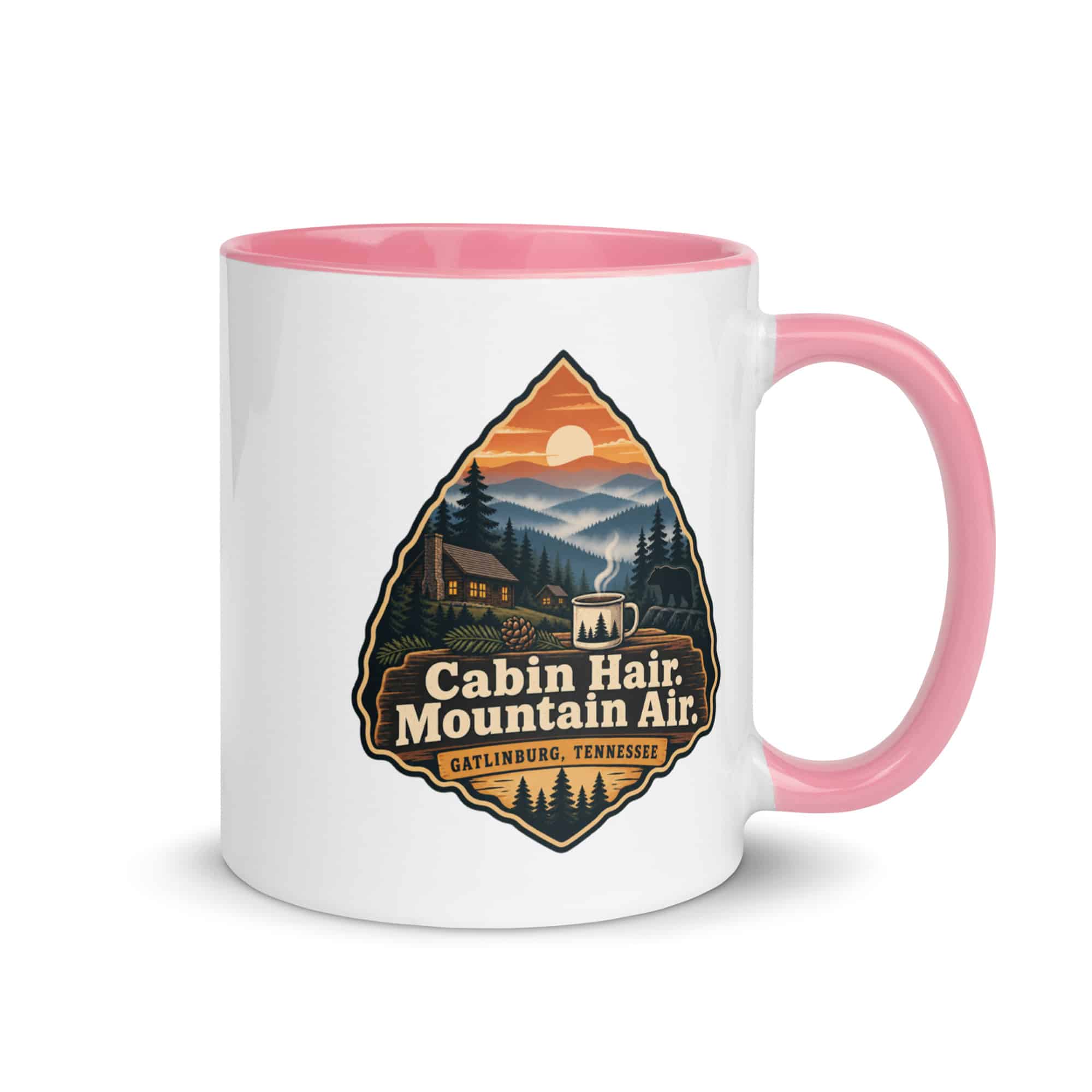 Gatlinburg and the Smokies Color Inside Coffee Mug: Cabin Hair. Mountain Air, Scenic Shield Badge